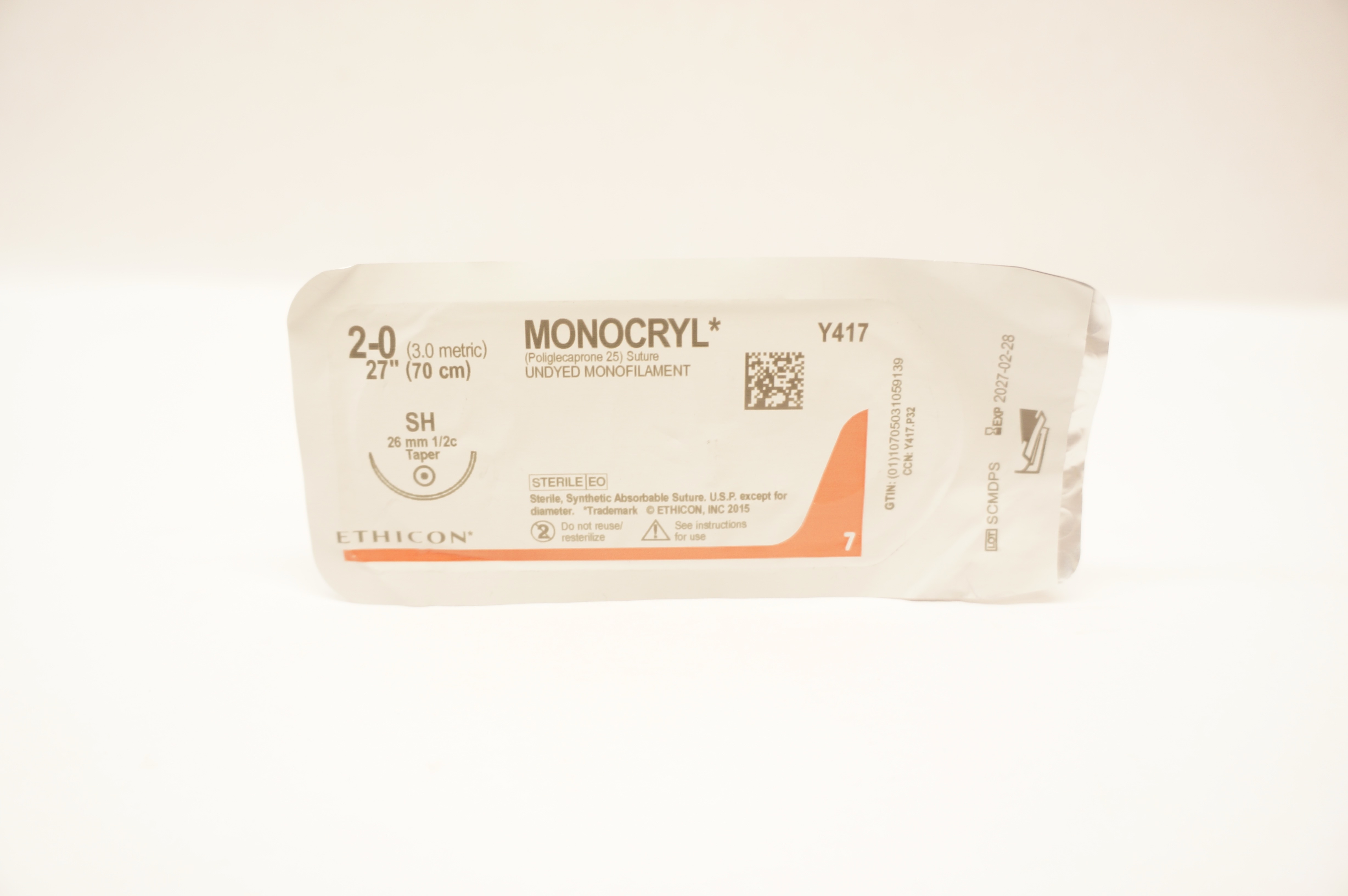 Ethicon Y417 2-0 Monocryl Poliglecaprone 25 Stre SH 26mm 1/2c Taper 27 inch