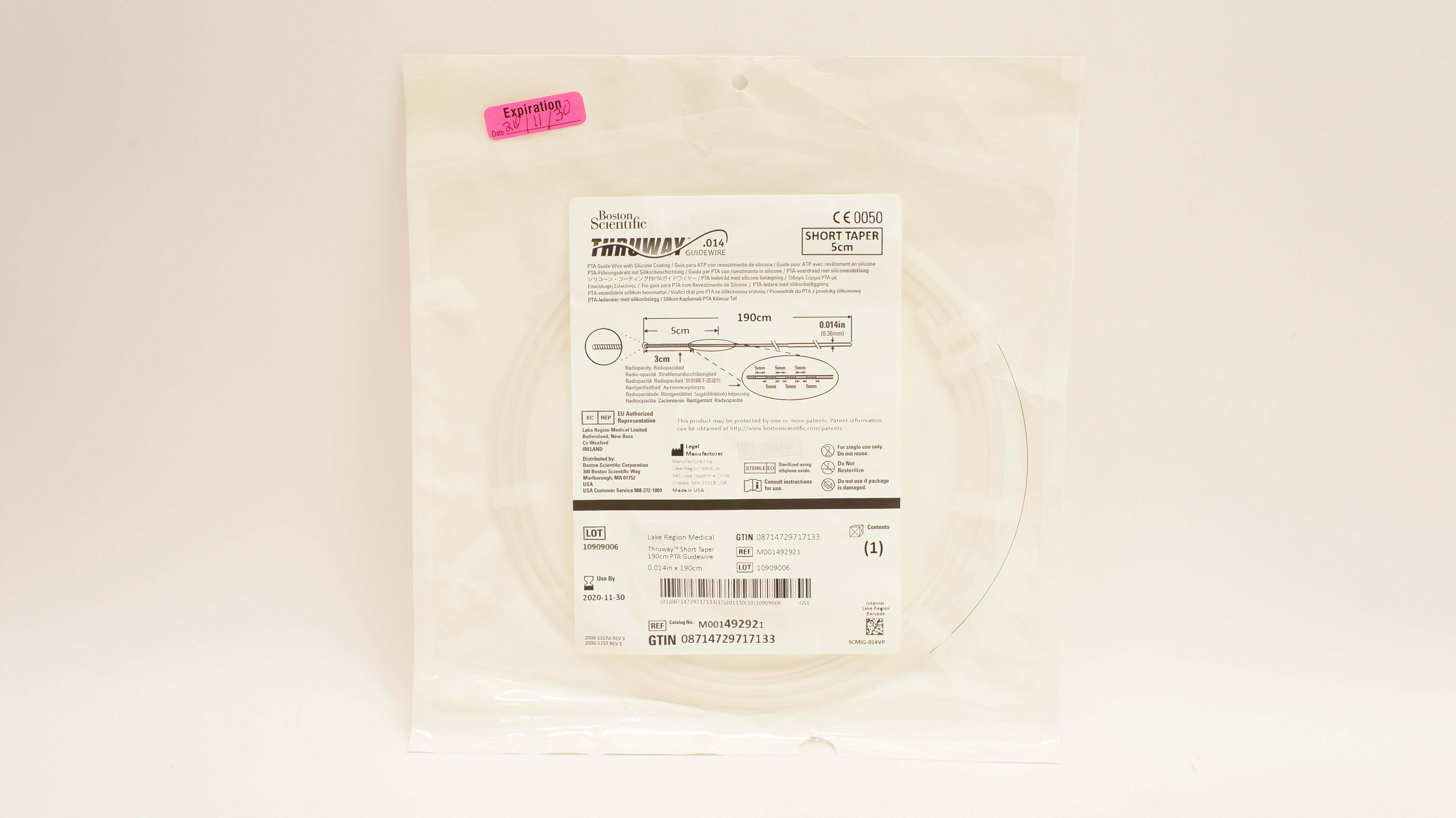 Boston Scientific 49292 Thruway Guidewire Short Taper 5cm, 190cm x 0.014in (x)