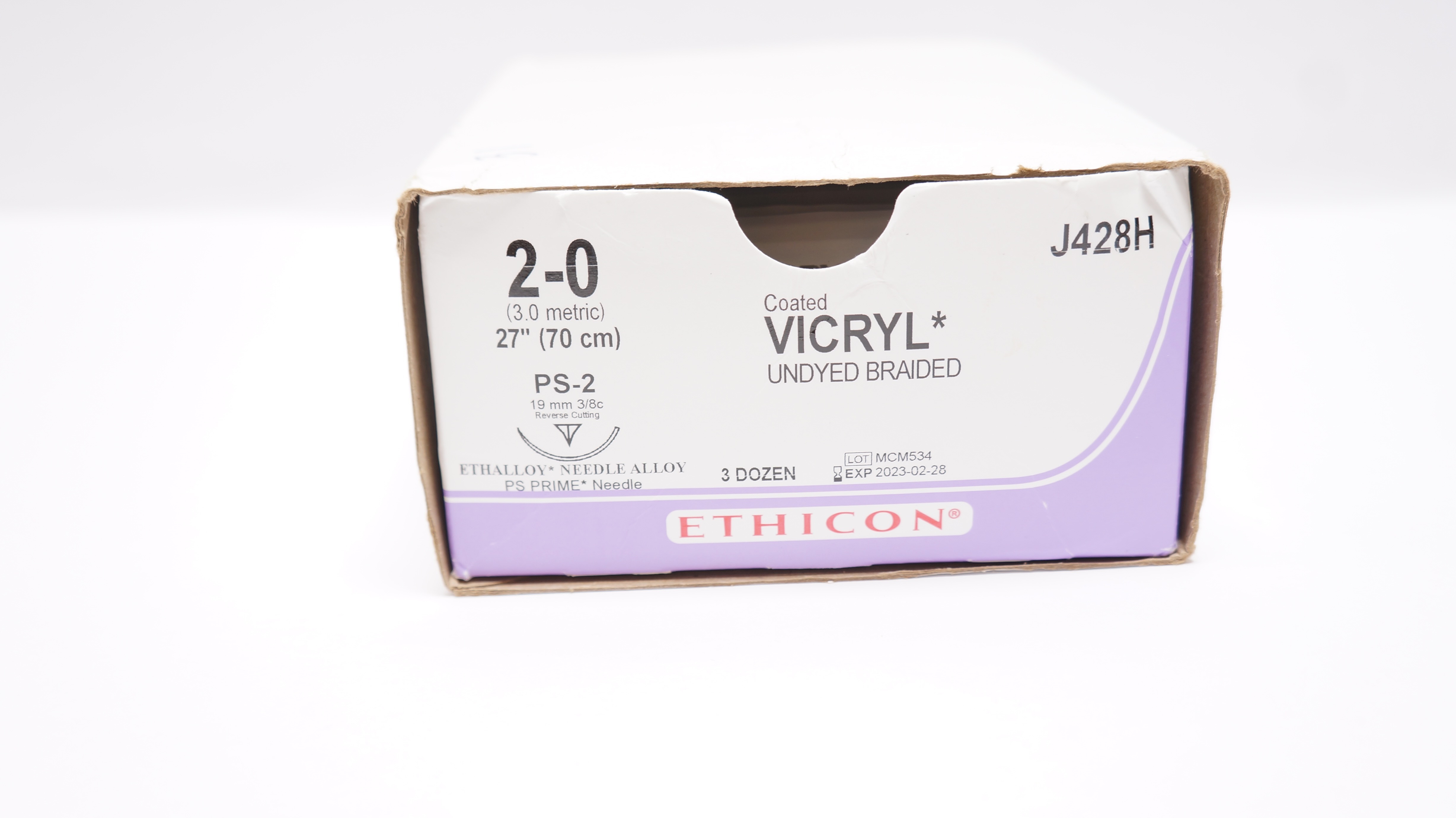 Ethicon J428H 2-0 VICRYL, PS-2, 19mm 3/8c Reverse Cutting, 27inch (x) - Box of 31