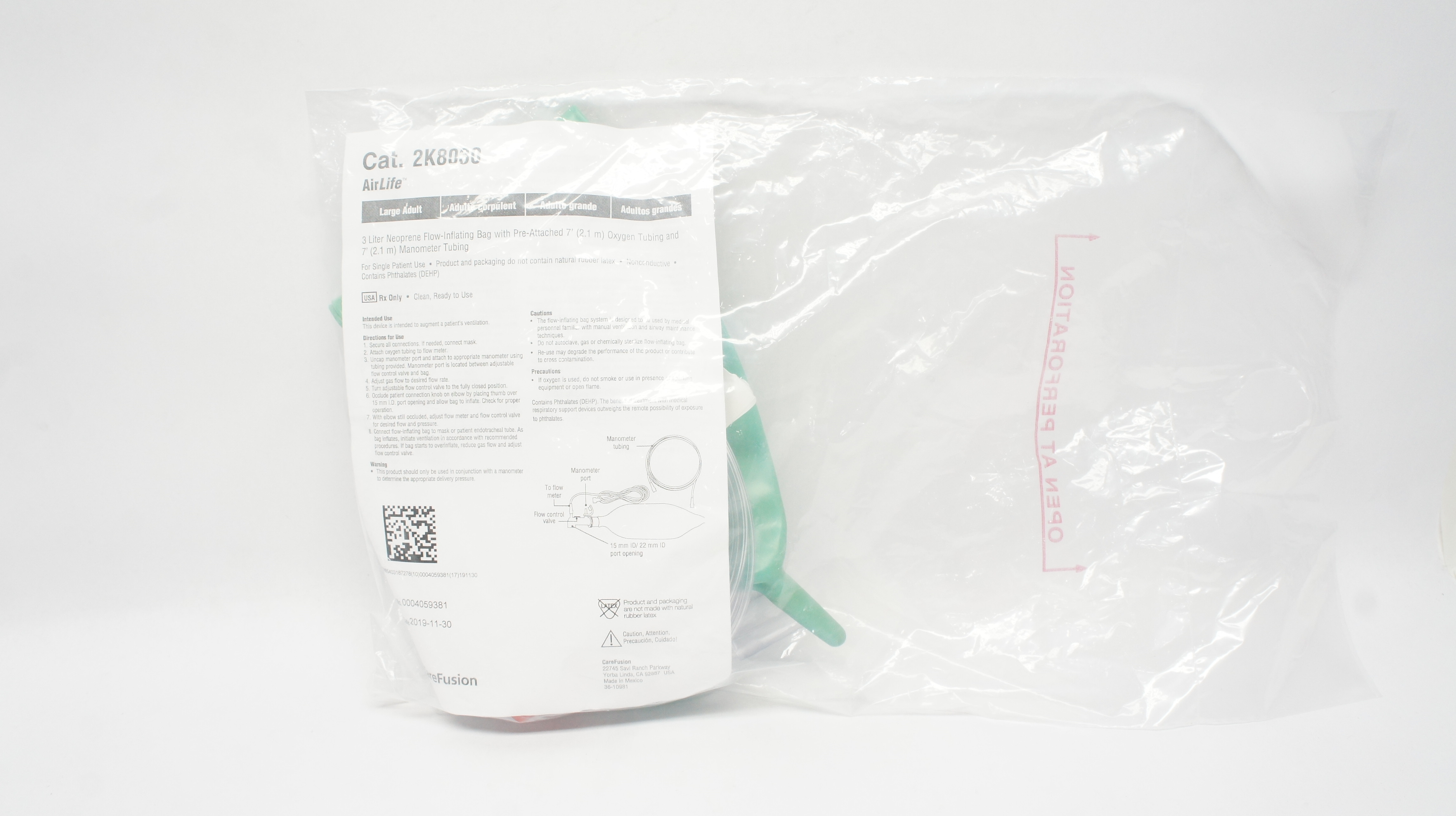 Carefusion 2K8030 AirLife 3 Liter Neoprene Flow-Inflating Bag w/Tubing 7ft. (x)