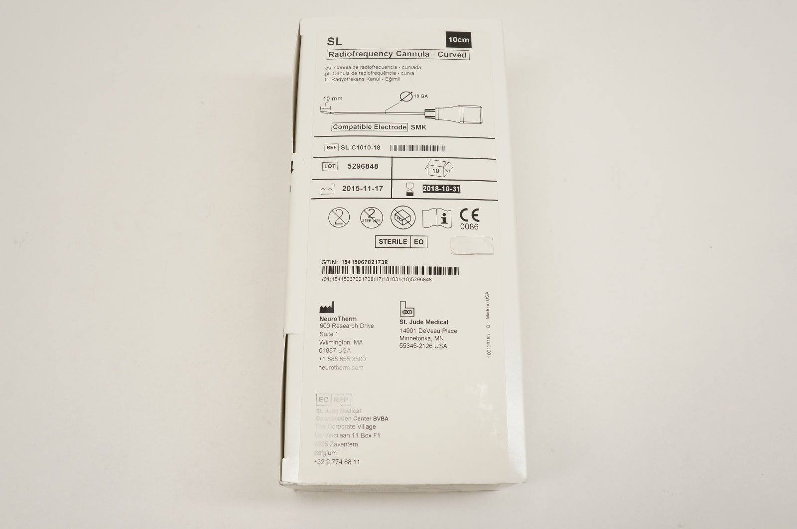 St. Jude Medical SL-C1010-18 SL Radiofrequency Cannula - Curved, 10cm -Box of 10