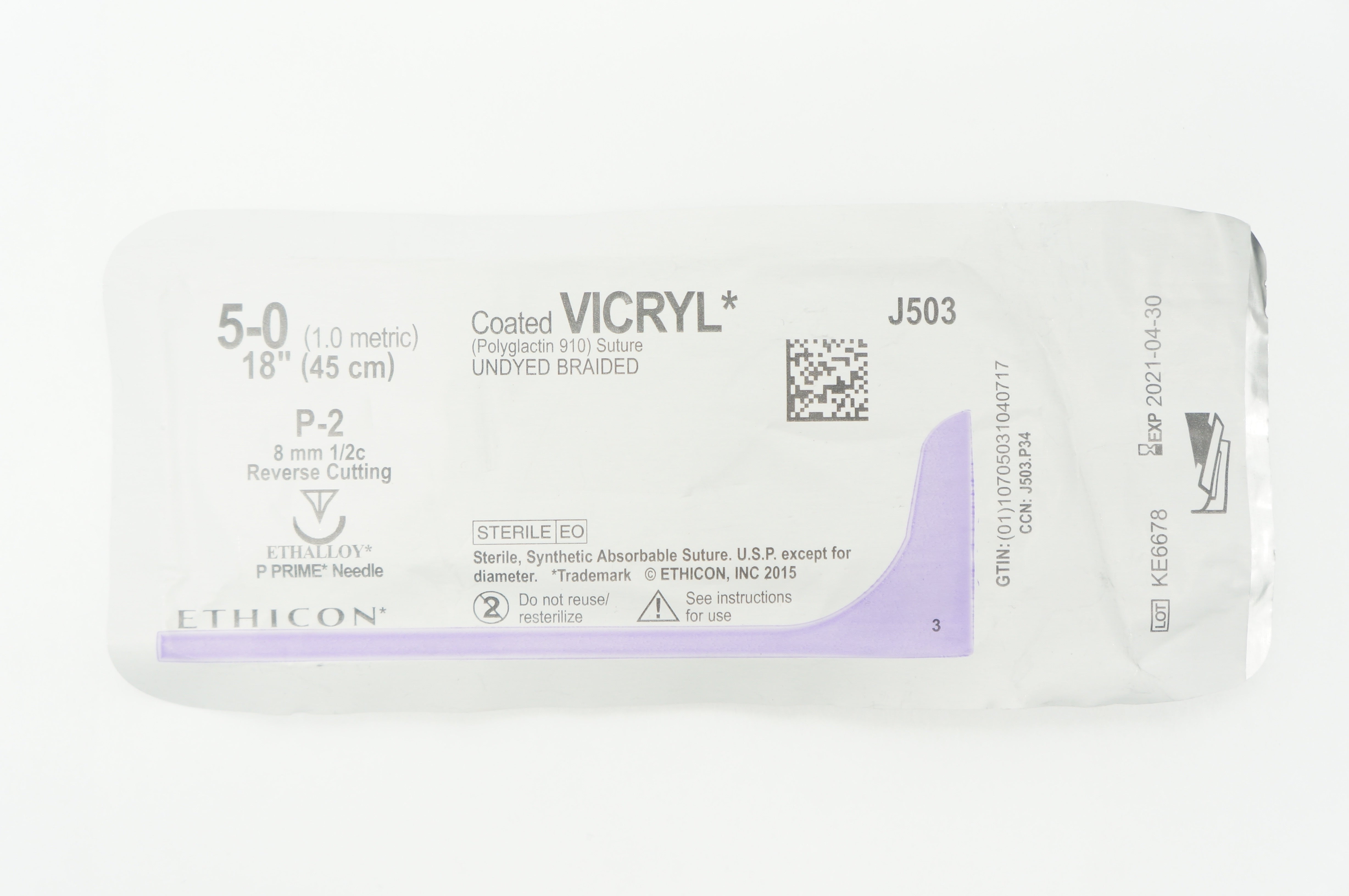 Ethicon J503 5-0 Coated VICRYL P-2 8mm 1/2c Reverse Cutting 18inch