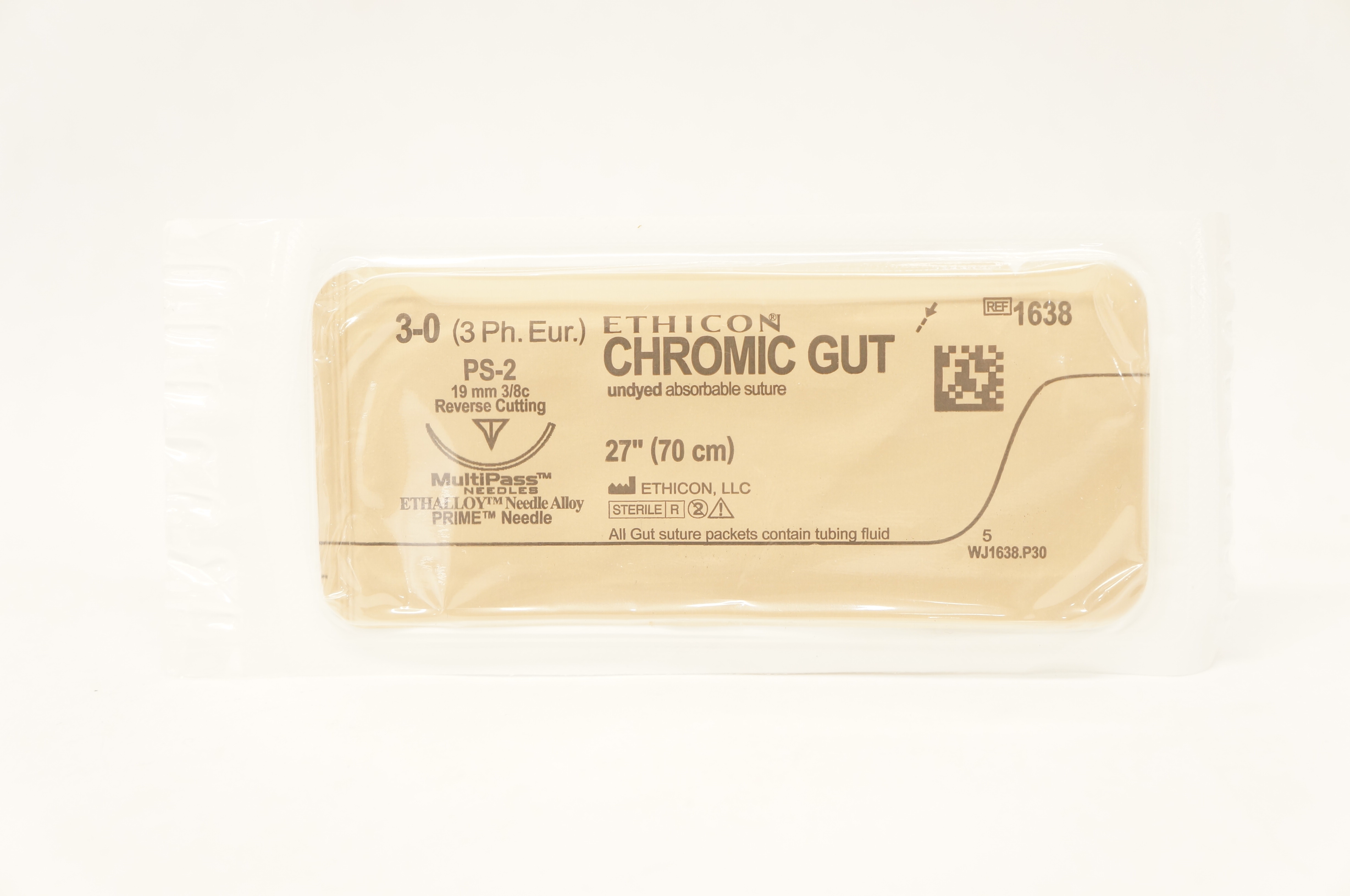 Ethicon 1638 3-0 Chromic Gut PS-2 19mm 3/8c Reverse Cutting 27inch