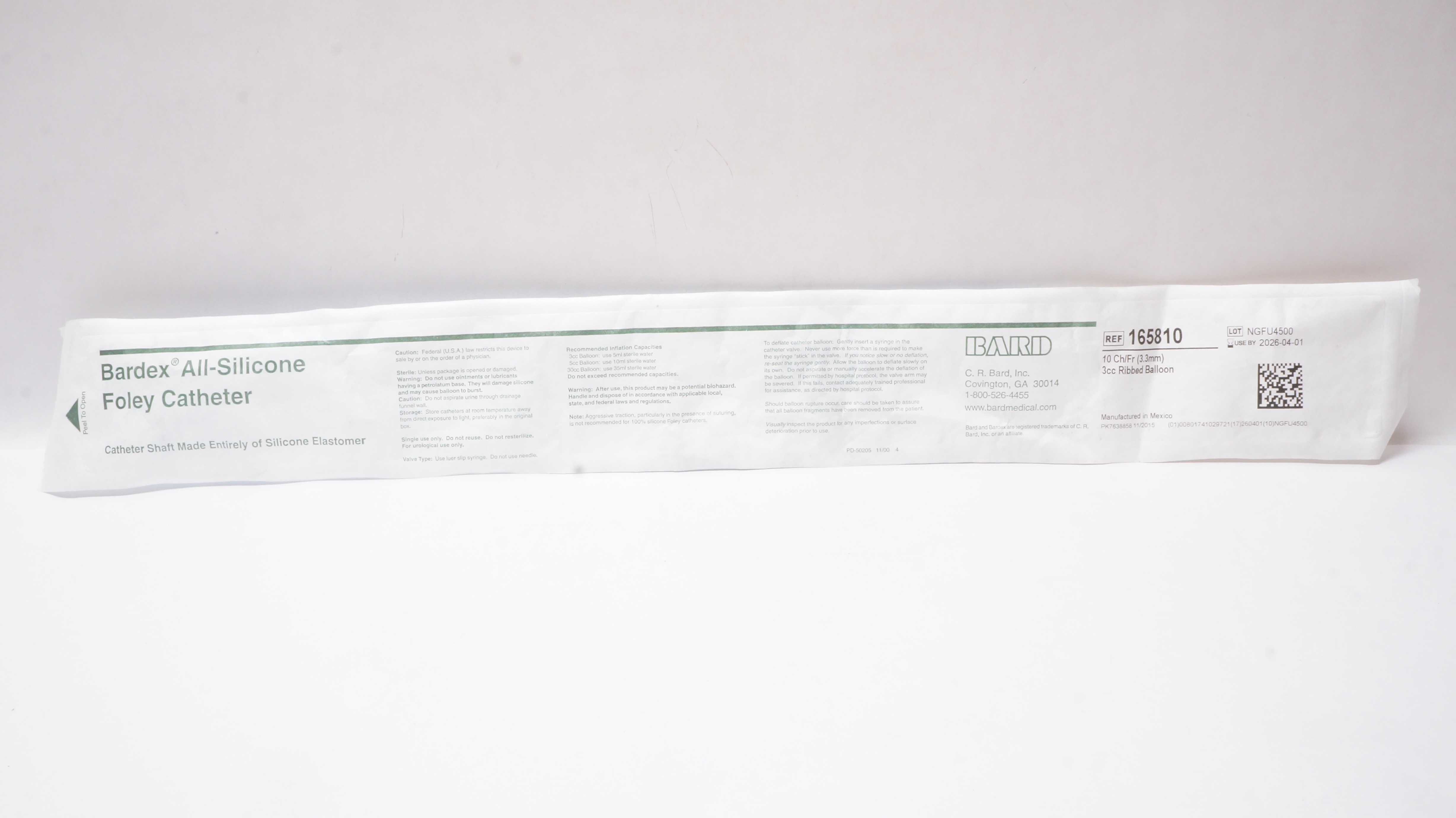 Bard 165810 Bardex All-Silicone Foley Cath. 10Ch/Fr 3cc Ribbed Balloon