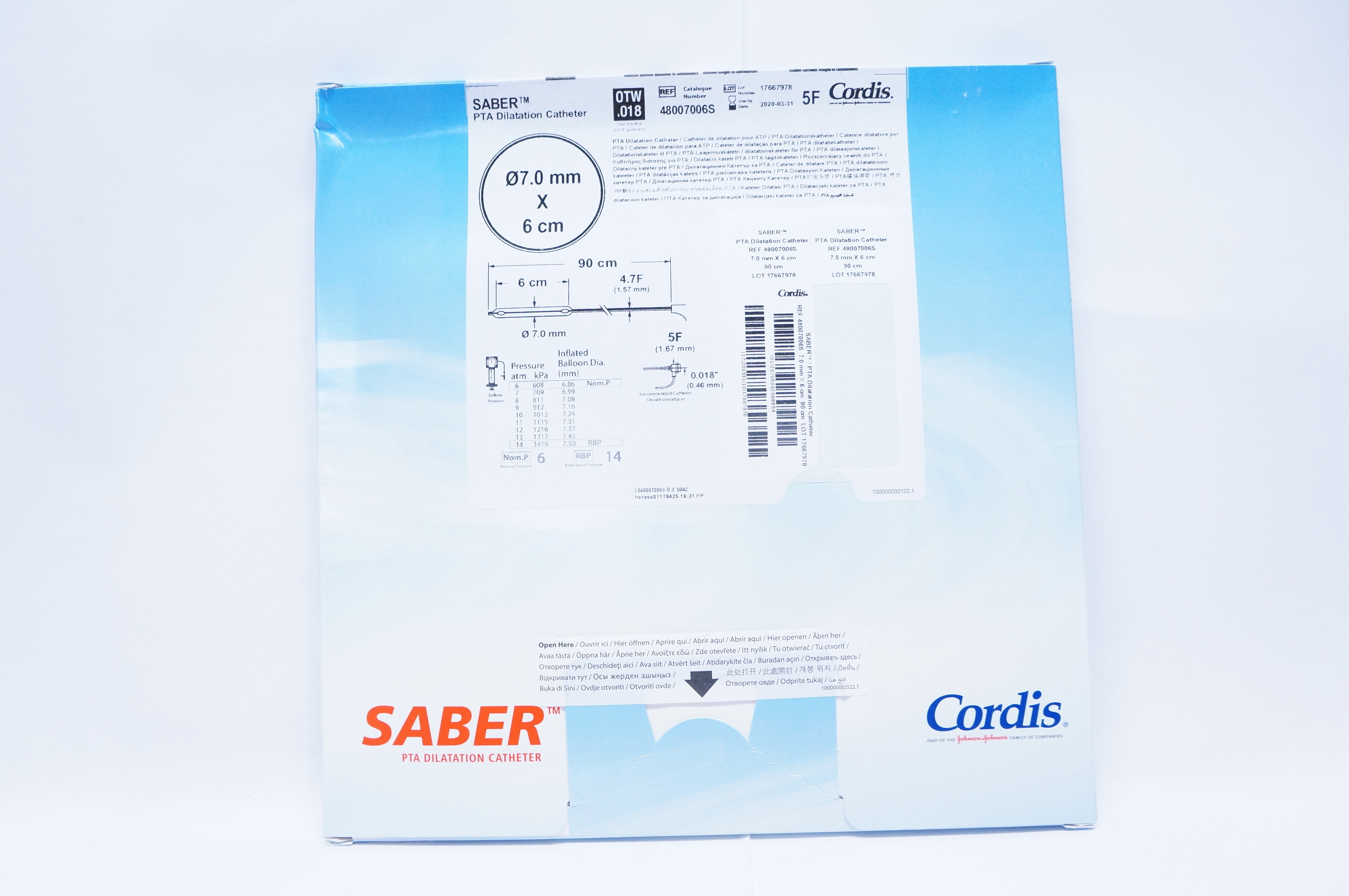 Cordis 48007006S Saber PTA Dilatation Cath. 5F .018 OTW 7.0mm x  6cm x 90cm (x)