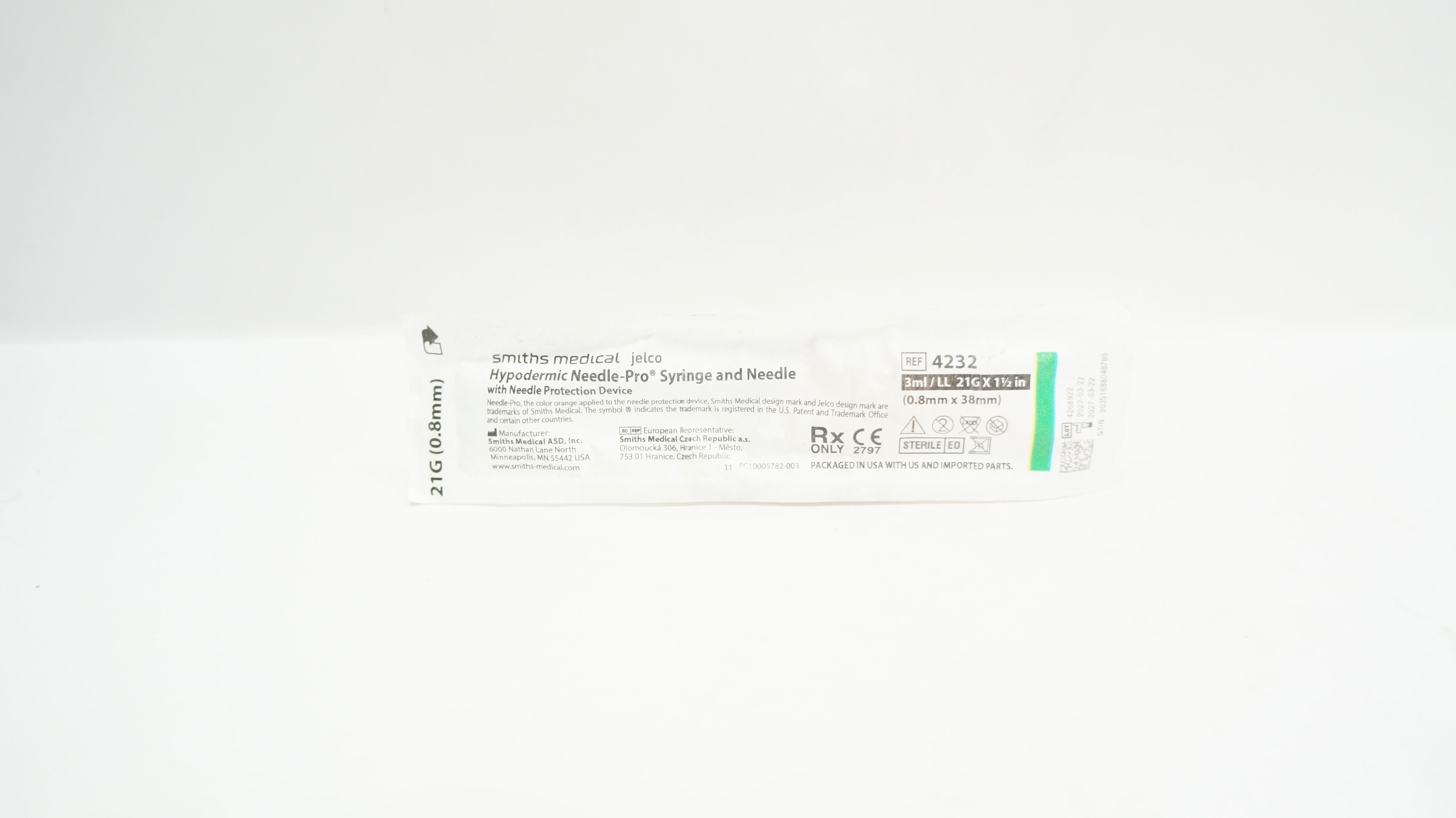Smiths Medical 4232 Jelco Hypodermic Needle-Pro Syringe&Ndle 3ml 21G x 1-1/2inch