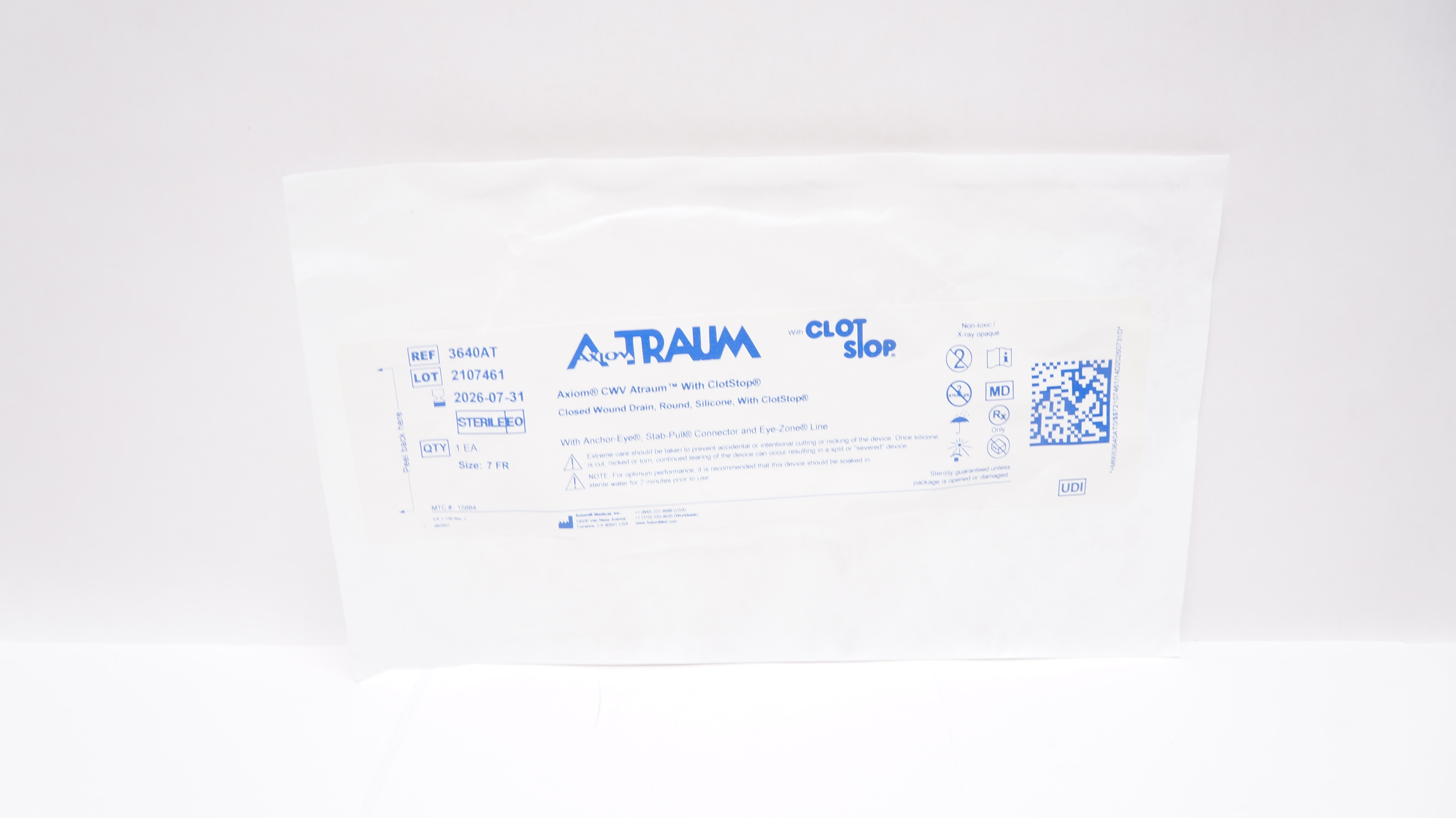 Axiom Traum 3640AT CWV Closed Wound Drain, Round Silicone w/ClotStop 7Fr