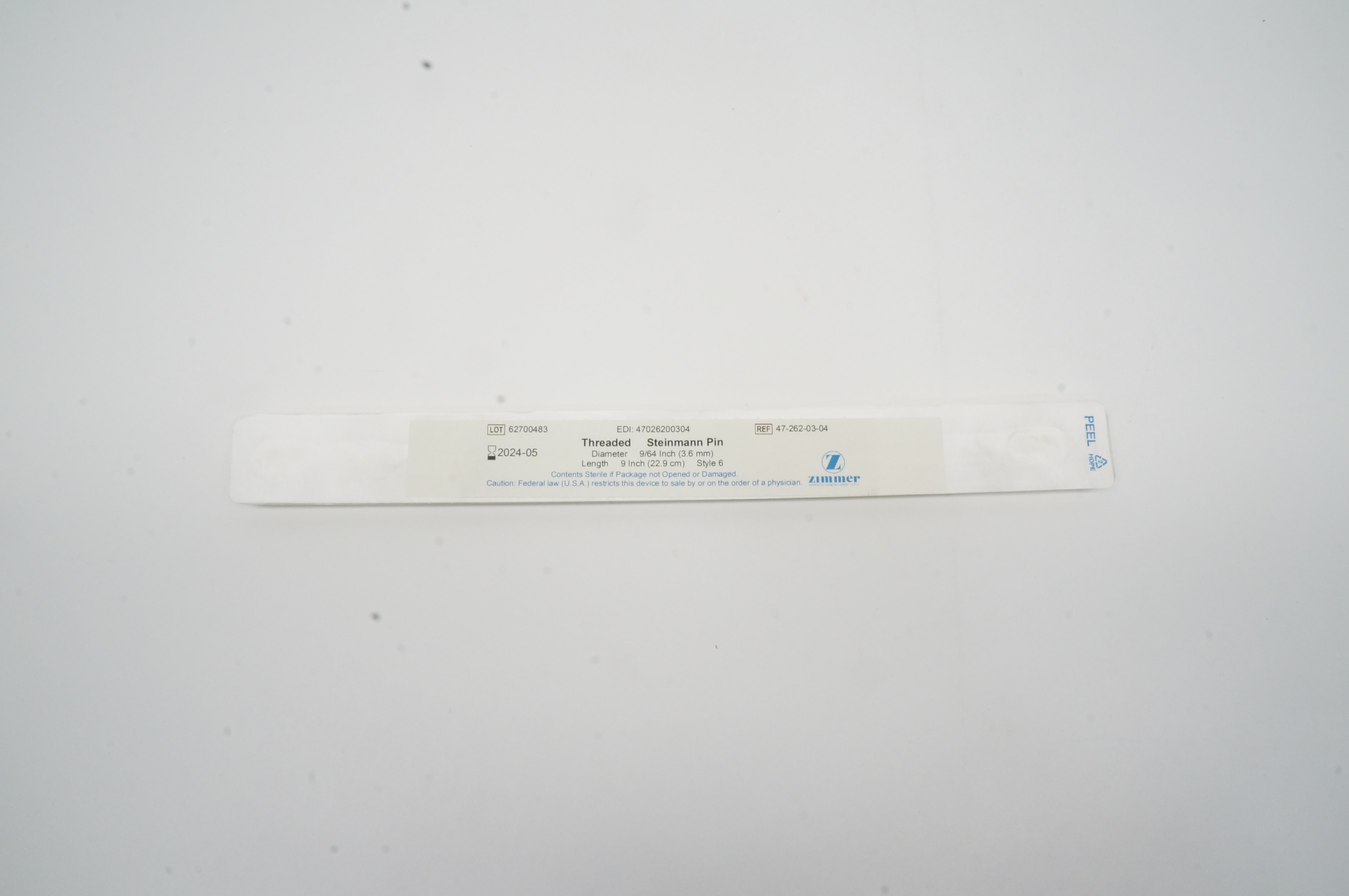 Zimmer 47-262-03-04 Threaded Steinmann Pin 9/64inch x 9inch, Style 6