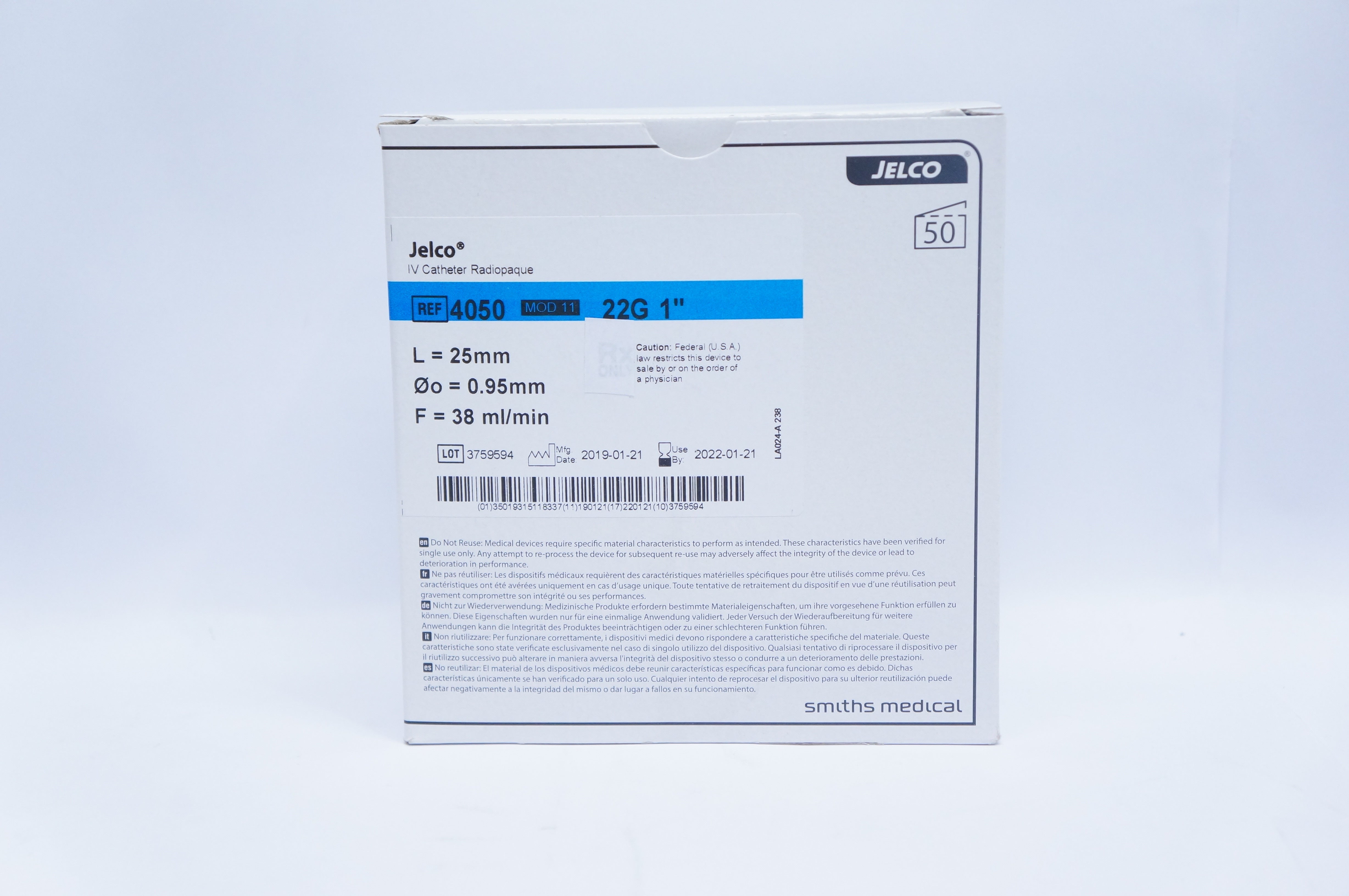 Smiths 4050 IV Cath. Radiopaque Mod 11 22G 25 x 0.95mm 38ml/min - Box of 50