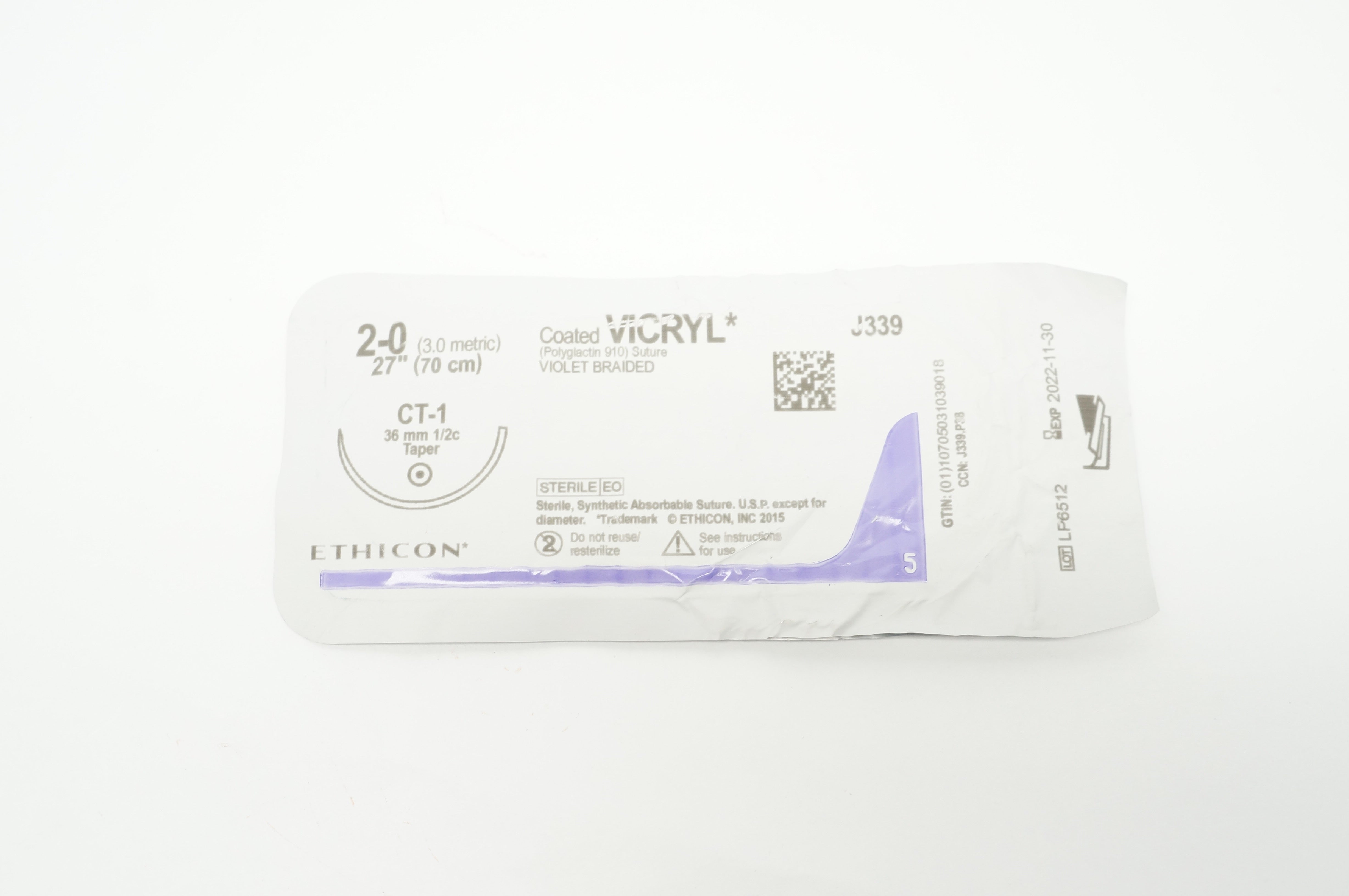 Ethicon J339 2-0 Coated VICRYL Polyglactin Stre CT-1 36mm 1/2c Taper 27inch
