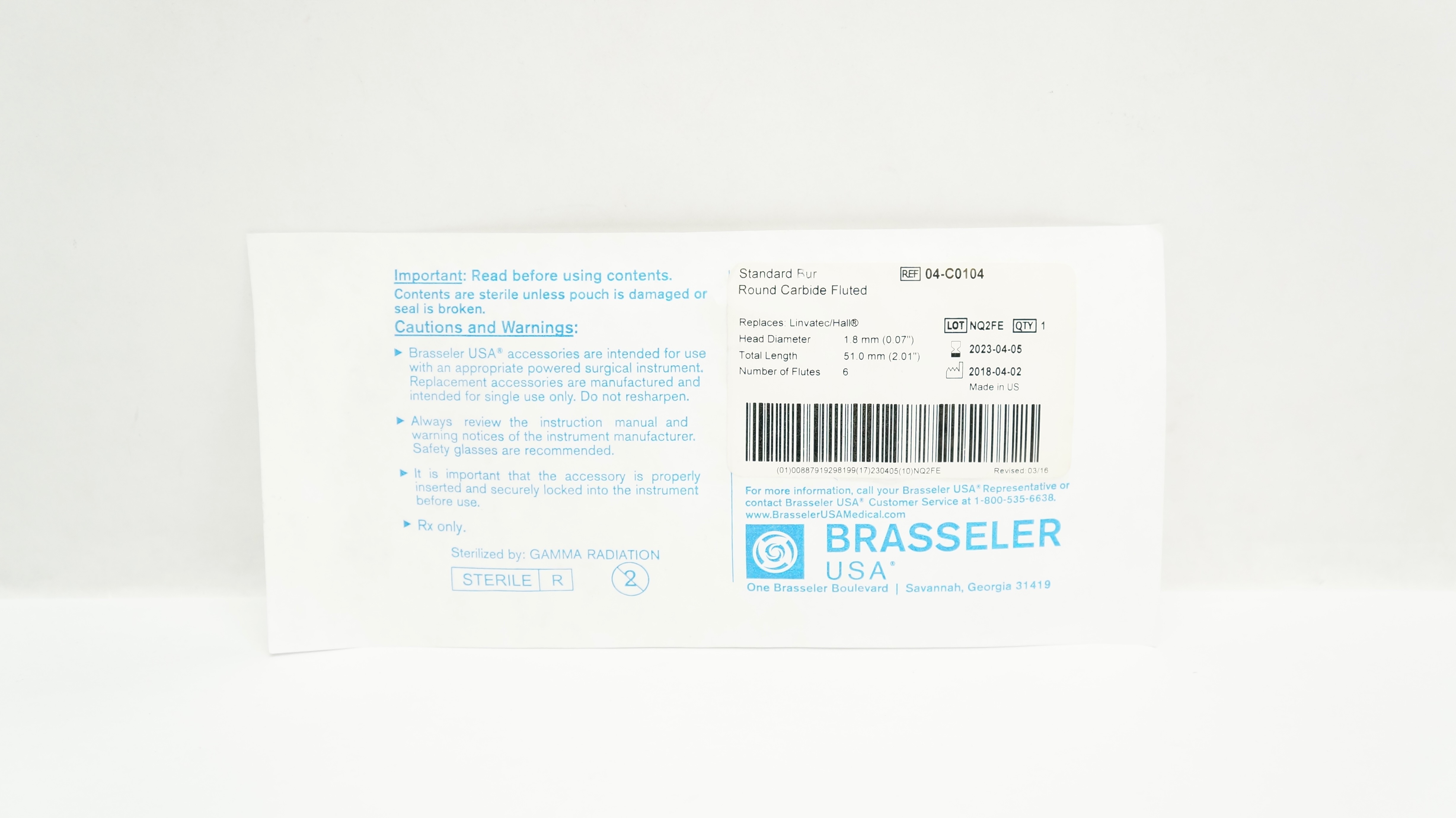 Brasseler 04-C0104 Standard Bur Round Carbide Fluted 0.07inch x 2.01inch (x)