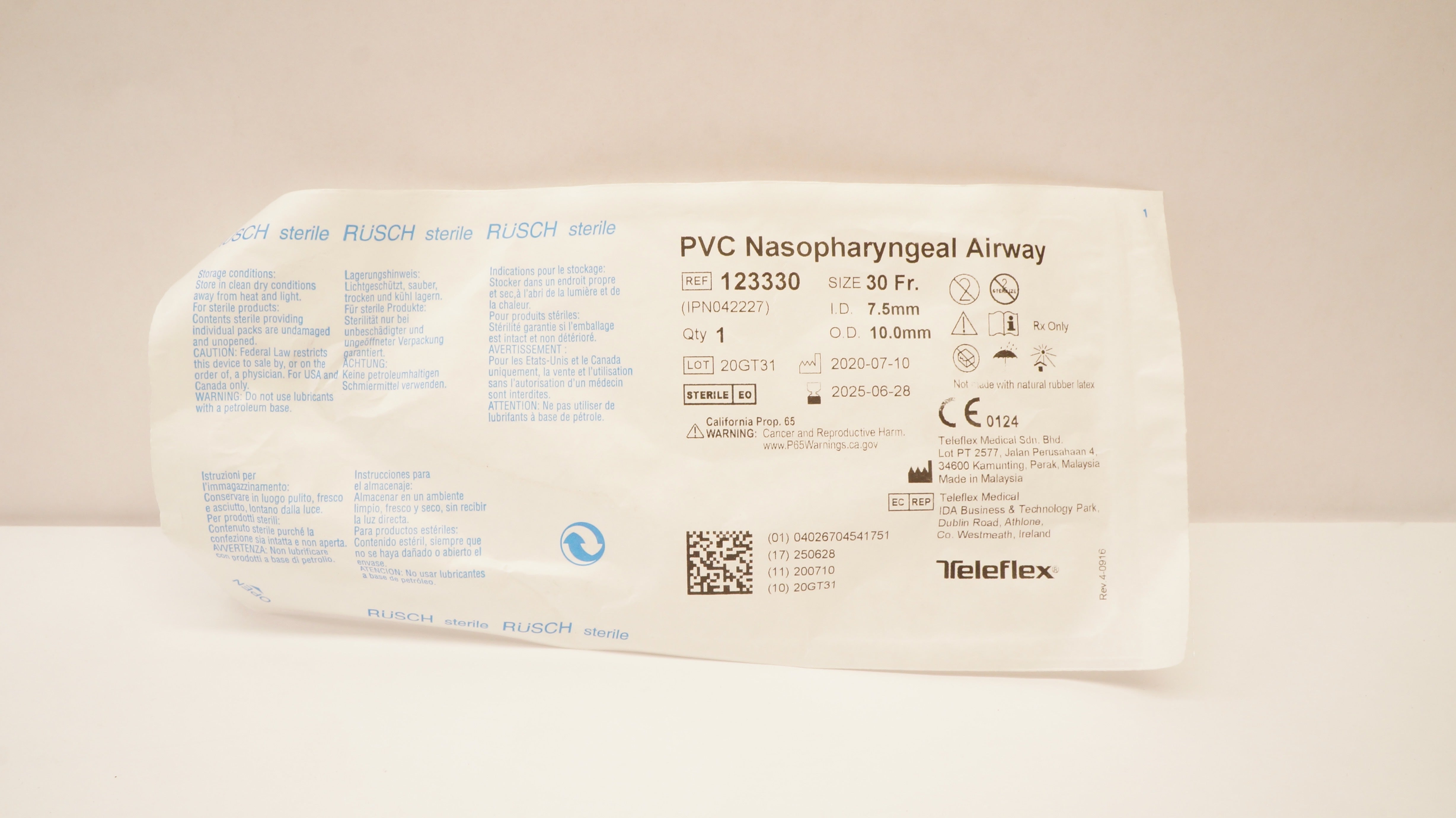 Teleflex 123330 Rusch PVC Nasopharyngeal Airway 30 Fr x 7.5mm I.D. x 10.0mm O.D.