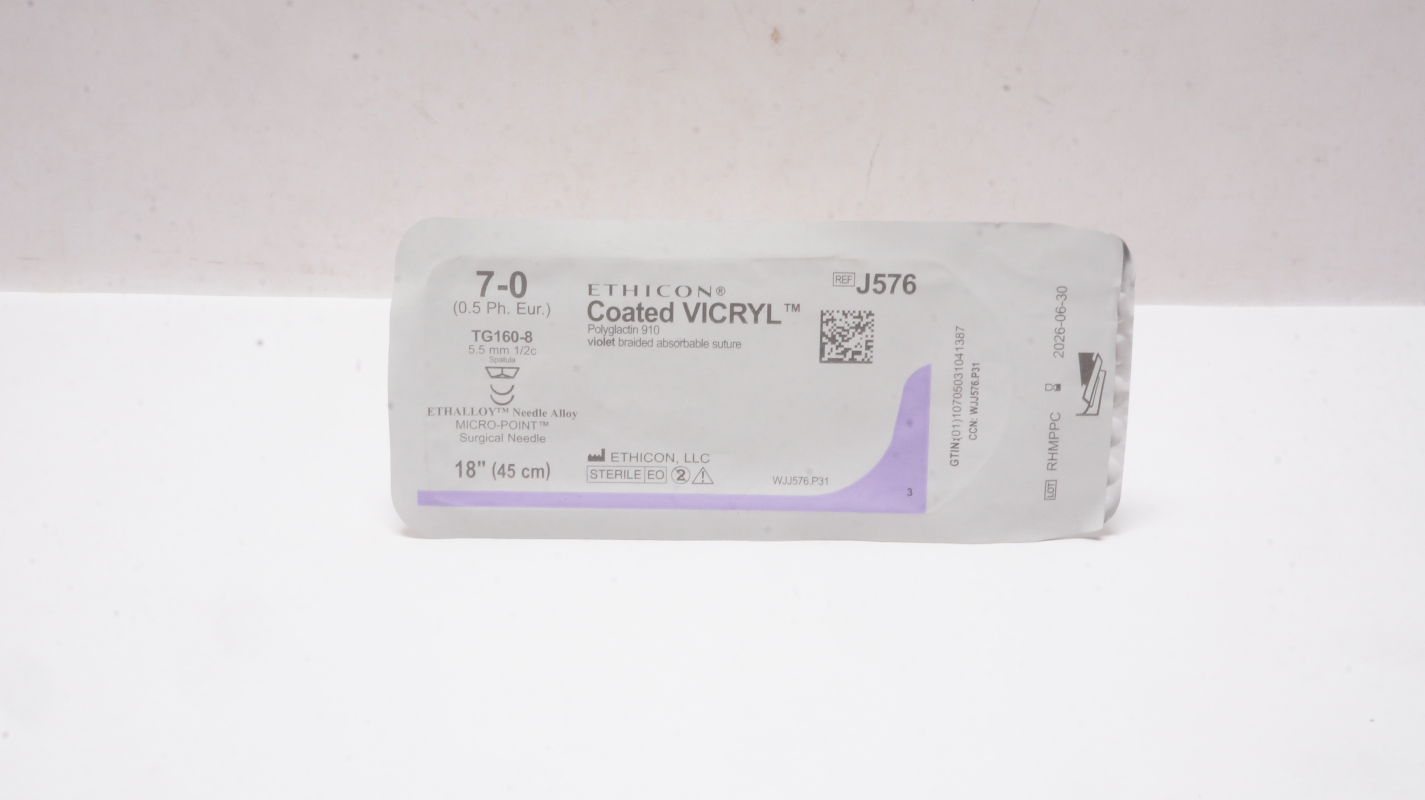 Ethicon J576 7-0 Coated VICRYL Braided Stre TG160-8 5.5mm 1/2c Spatula 18inch
