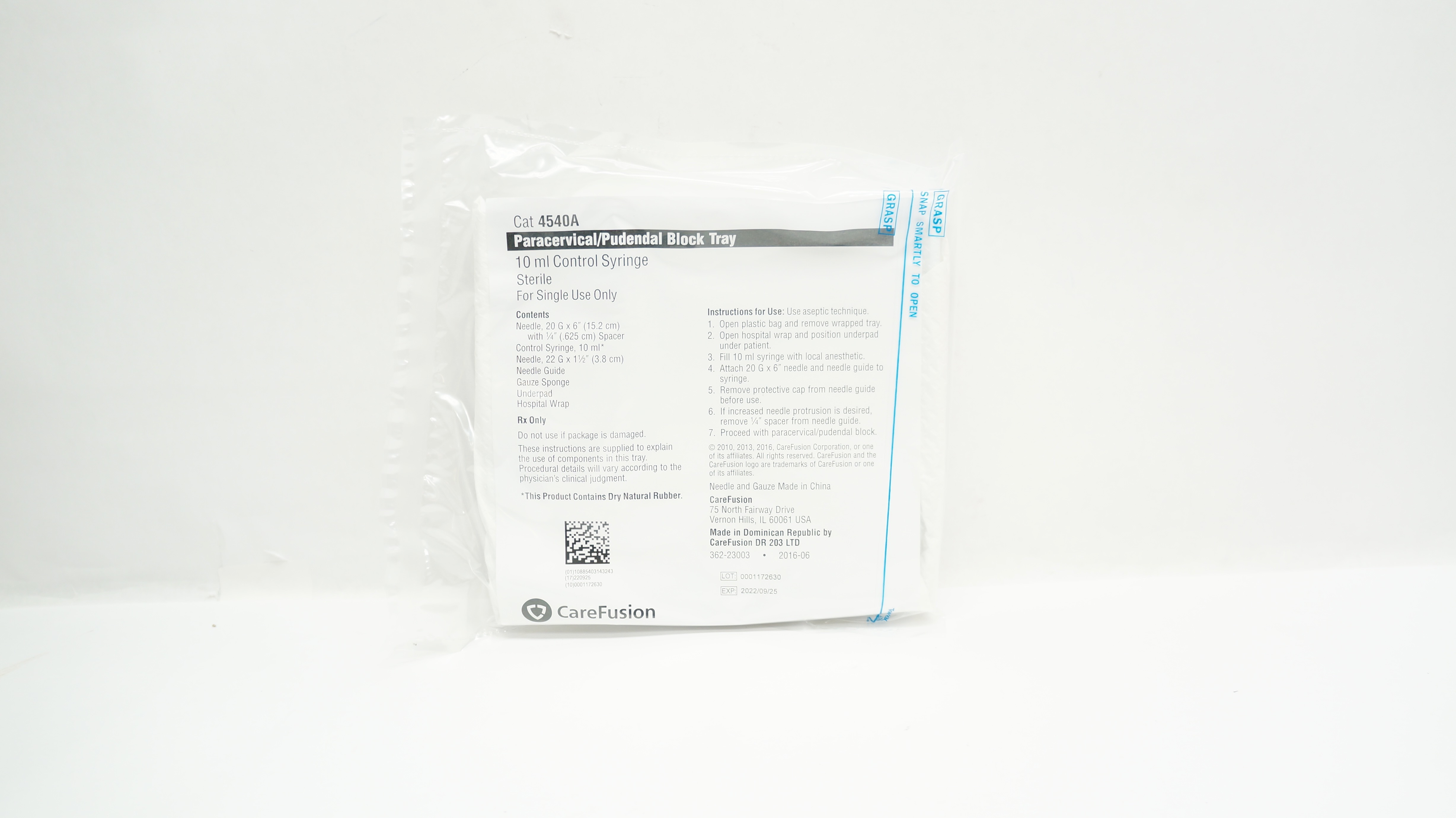 CareFusion 4540A Paracervical/Pudendal Block Tray 10ml Control Syringe (x)