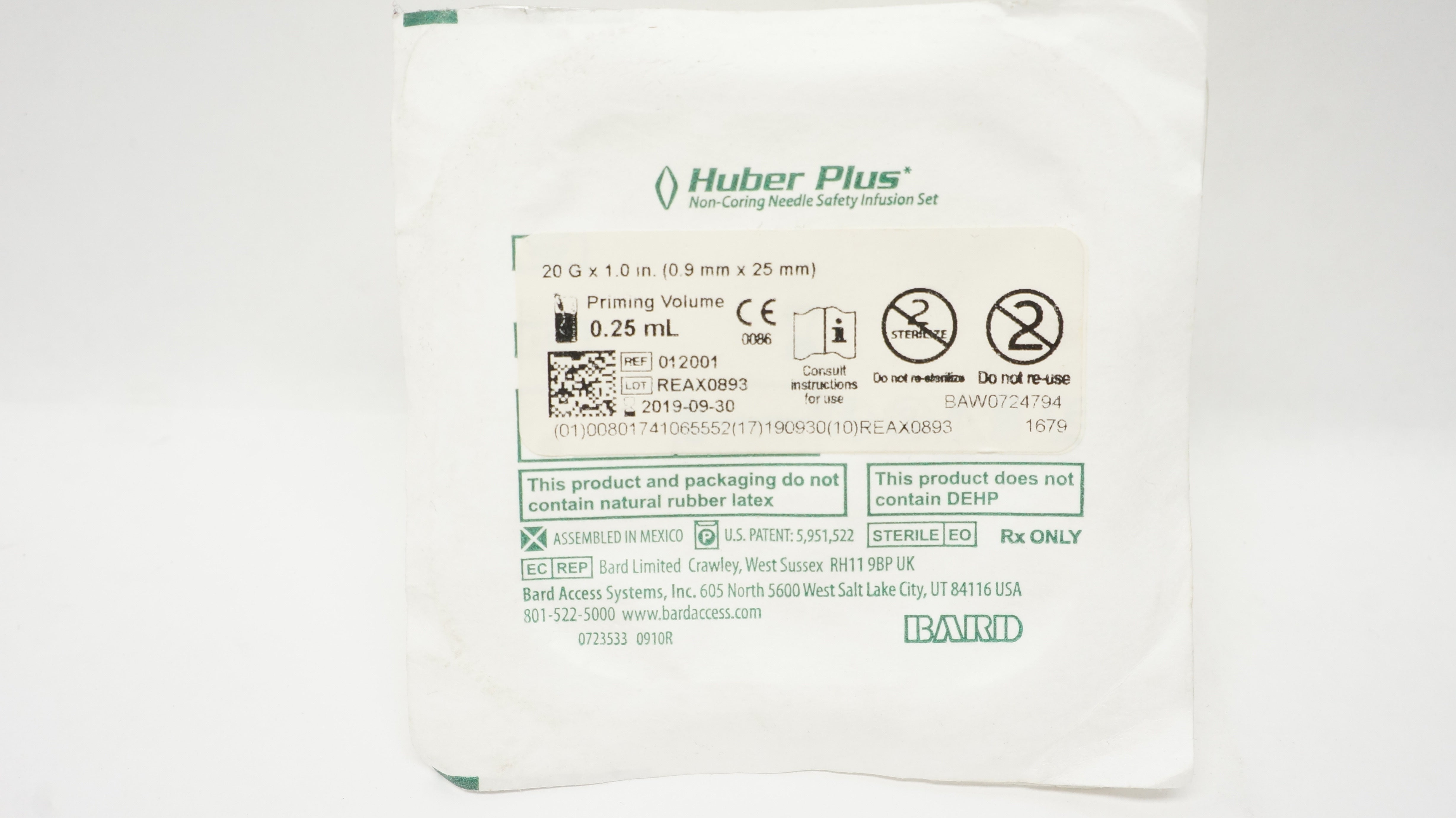Bard 012001 Huber Plus Non-Coring Ndle Safety Infusion Set 20G x 1.0 inch (x)