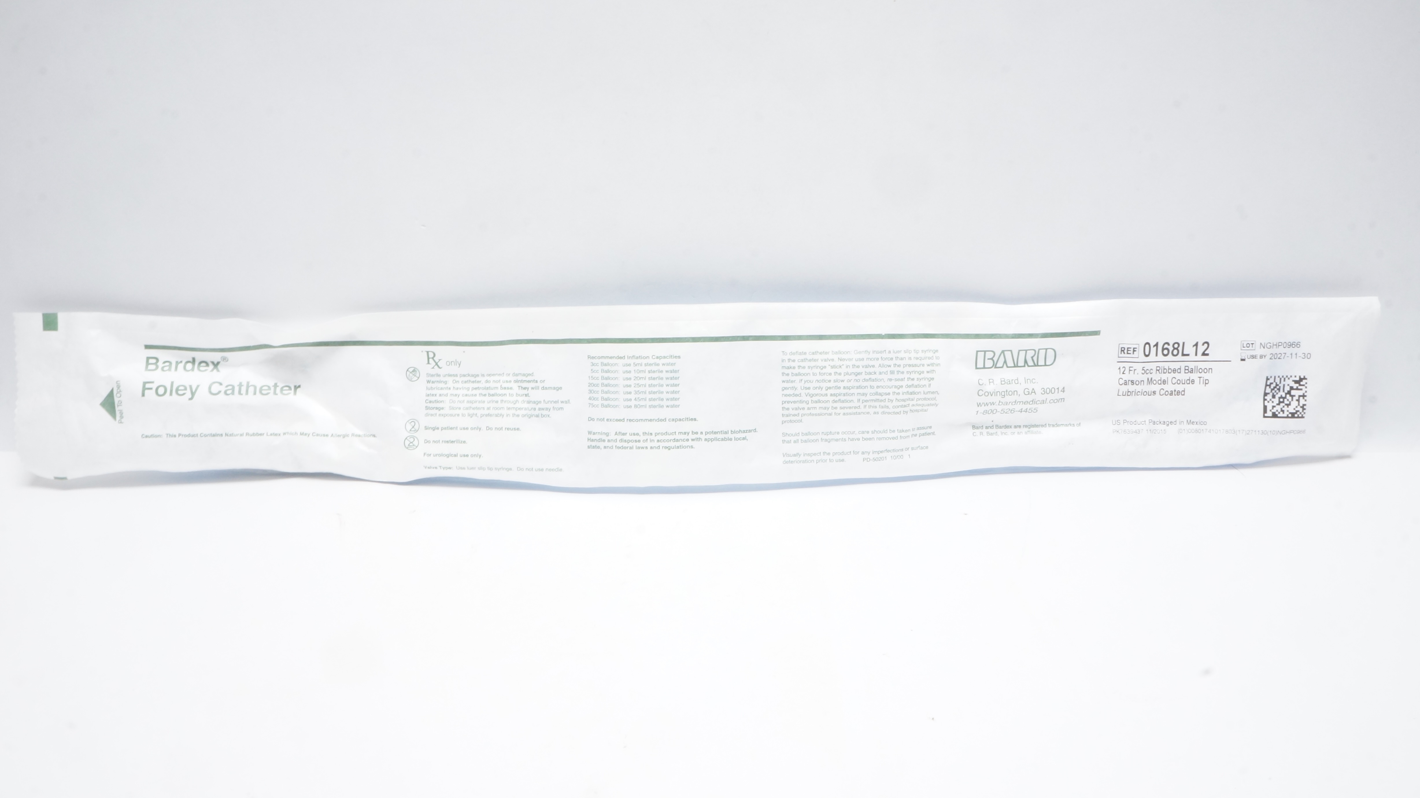 Bard 0168L12 Bardex Foley Cath. 12 Fr. 5cc Ribbed Balloon Carson Coude Tip
