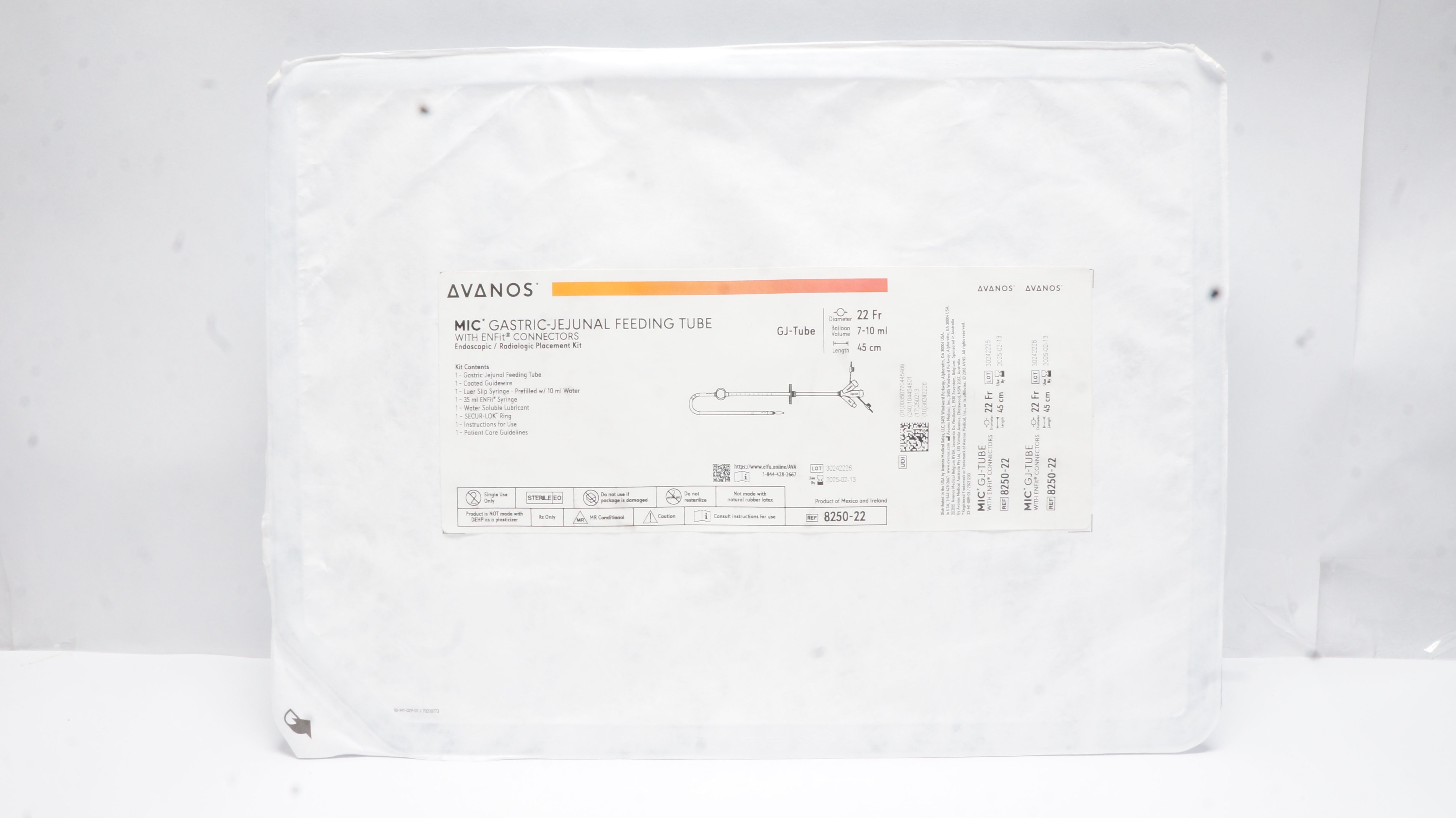 Avanos 8250-22 MIC Gastric-Jejunal Feeding Tube 22Fr x 45cm x 7-10mL