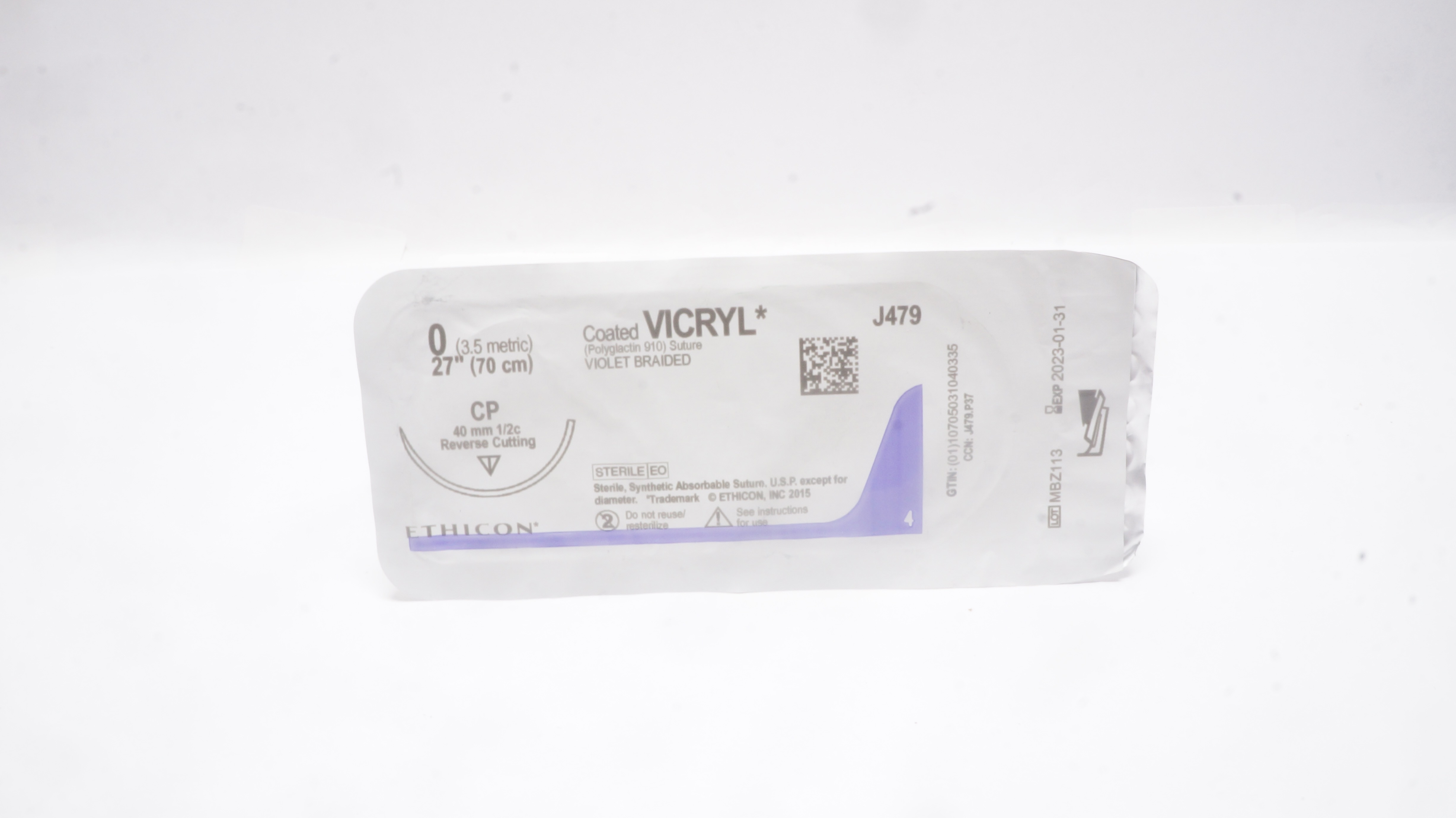 Ethicon J479 0 VICRYL, CP, 40mm 1/2c Reverse Cutting, 27inch (x)