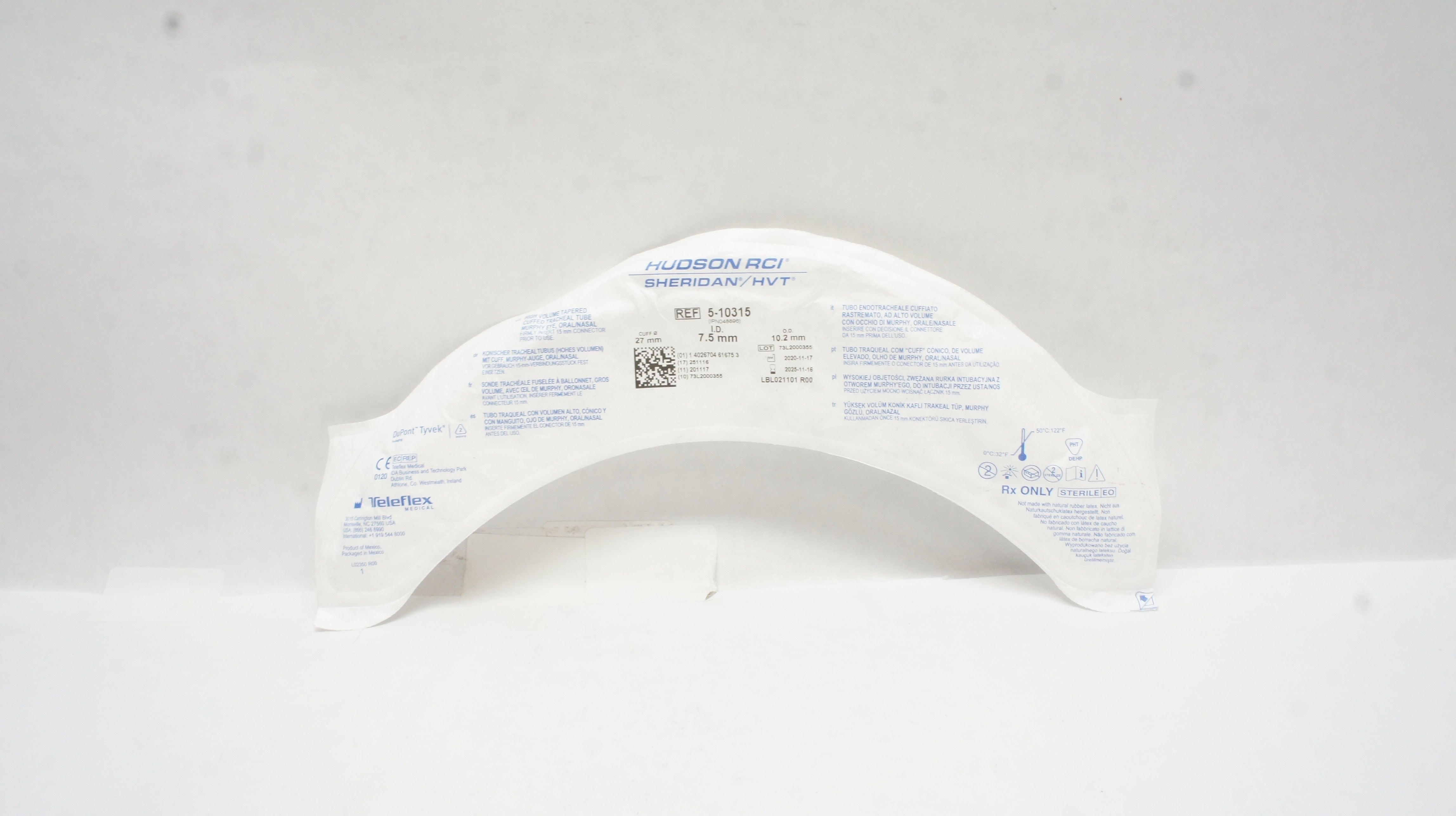 Teleflex 5-10315 Hudson RCI Sheridan HVT Cuffed Tracheal Tube 7.5 x 10.2 x 27mm