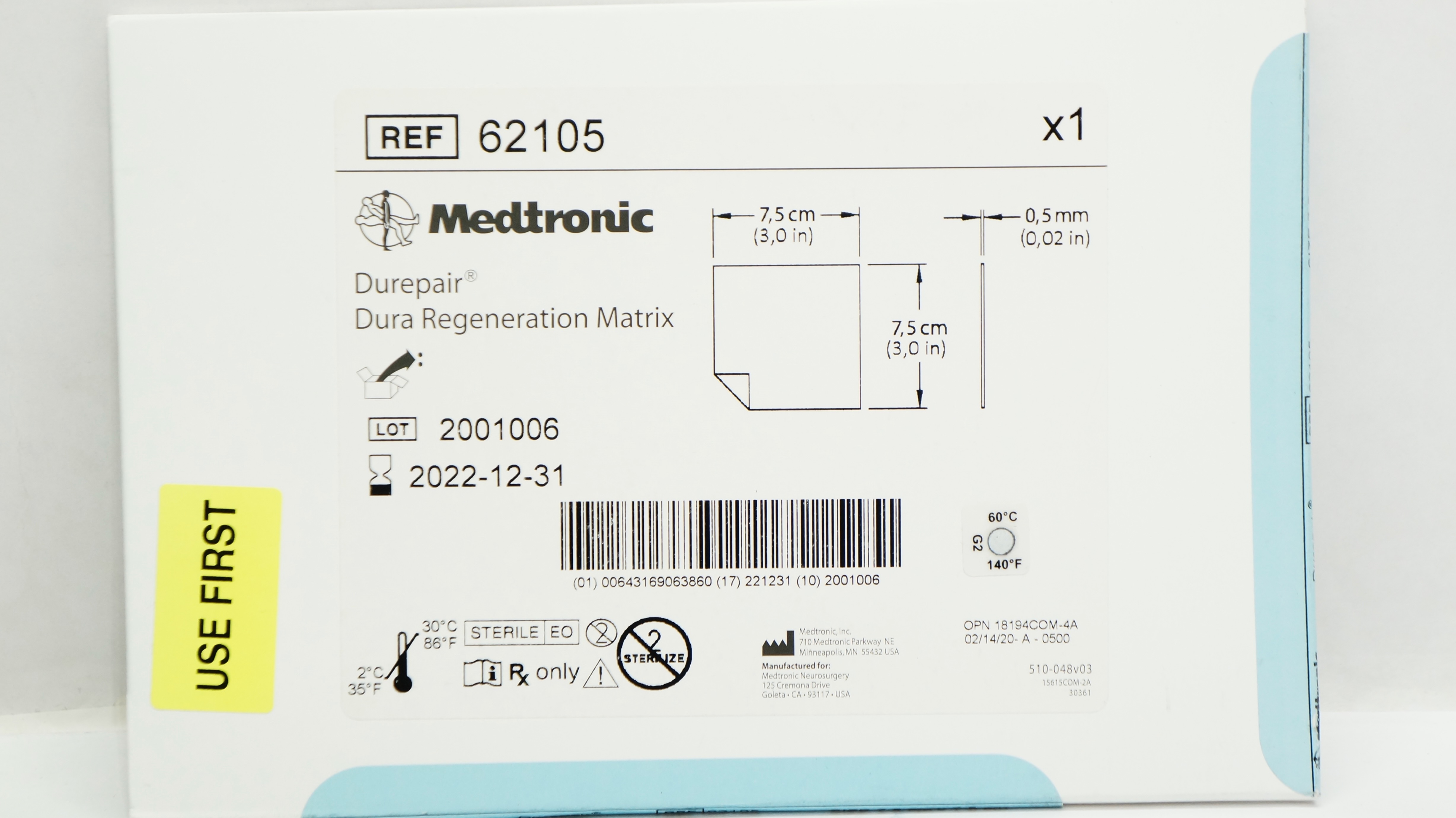 Medtronic 62105 Durepair Dura Regeneration Matrix 3.0 x 3.0 x 0.02inch (x)
