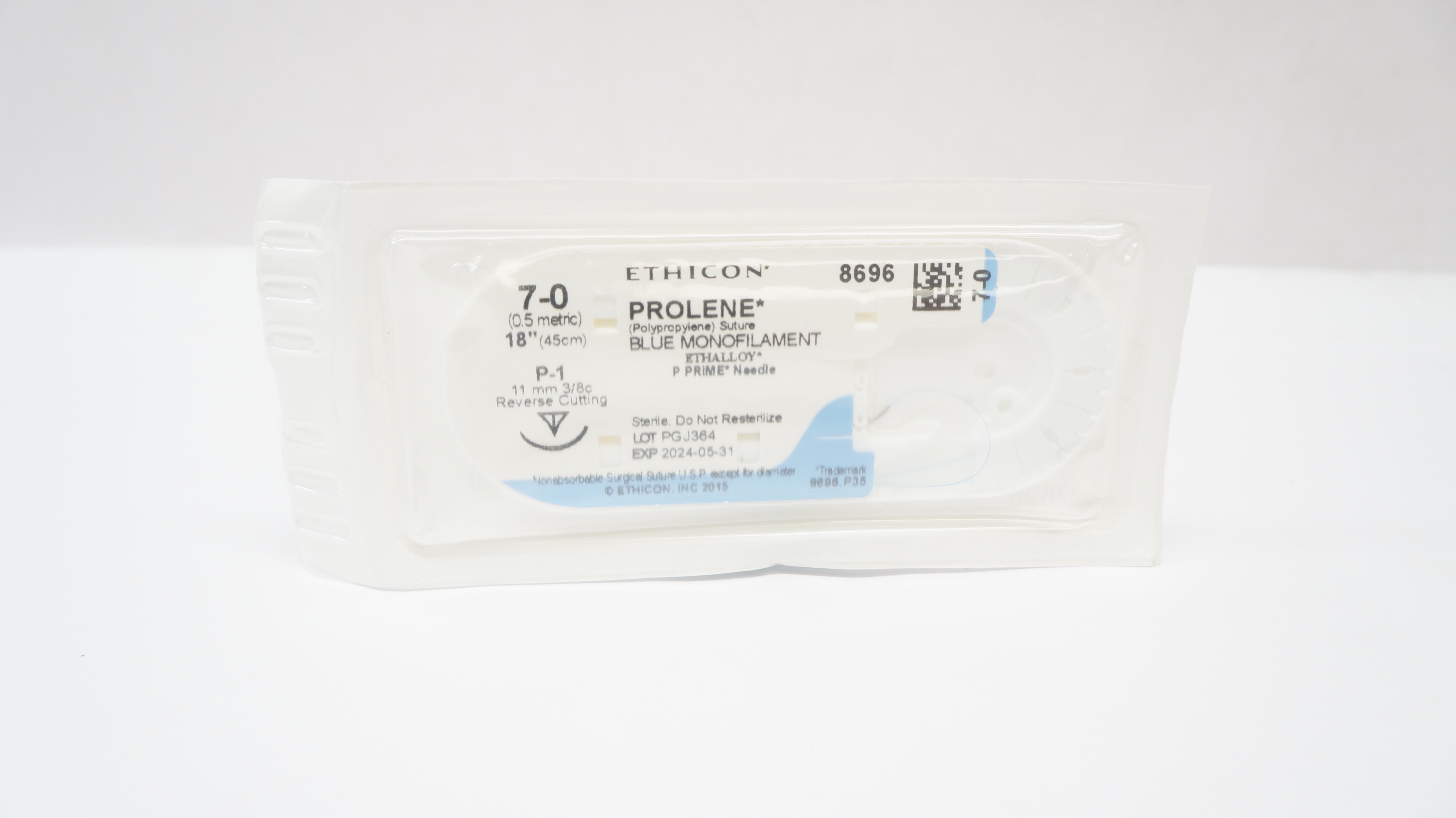 Ethicon 8696 7-0 PROLENE, P-1, 11mm 3/8c Reverse Cutting, 18inch