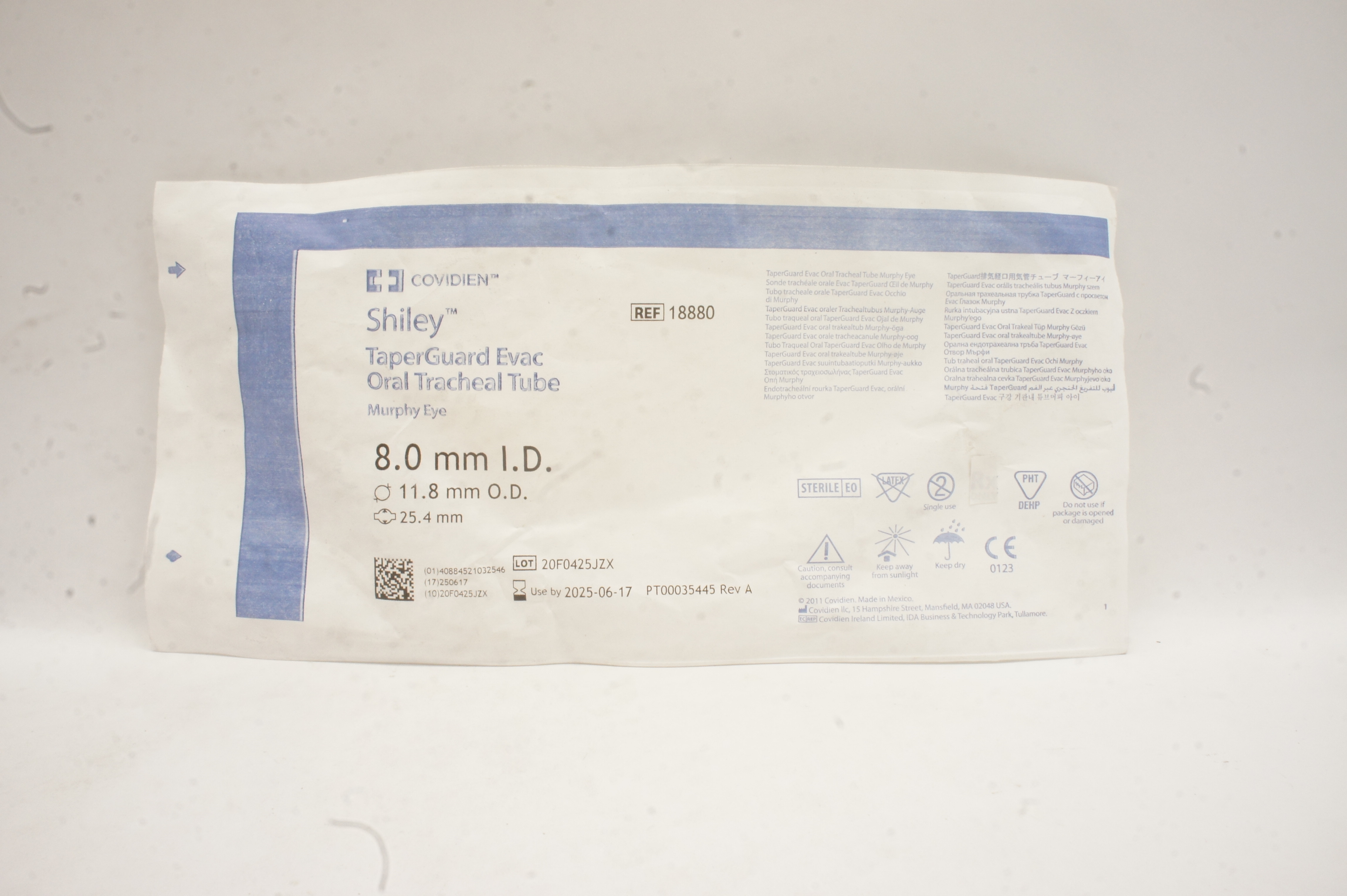Covidien 18880 Shiley TaperGuard Evac Oral Tracheal Tube 8.0 ID x 11.8mm OD