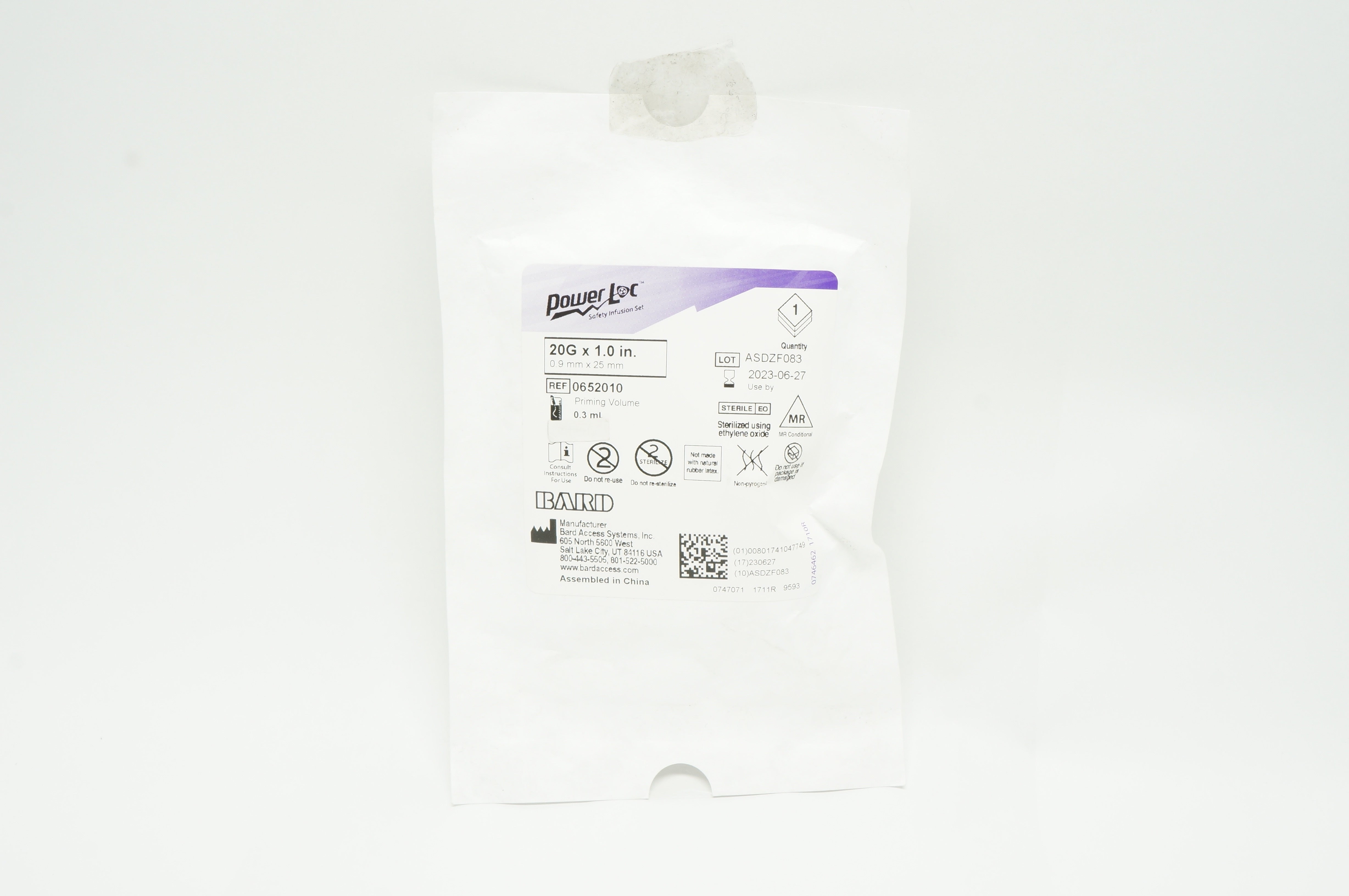 Bard 0652010 Power Loc Safety Infusion Set 20G x 1.0 inch, Priming Volume 0.3mL