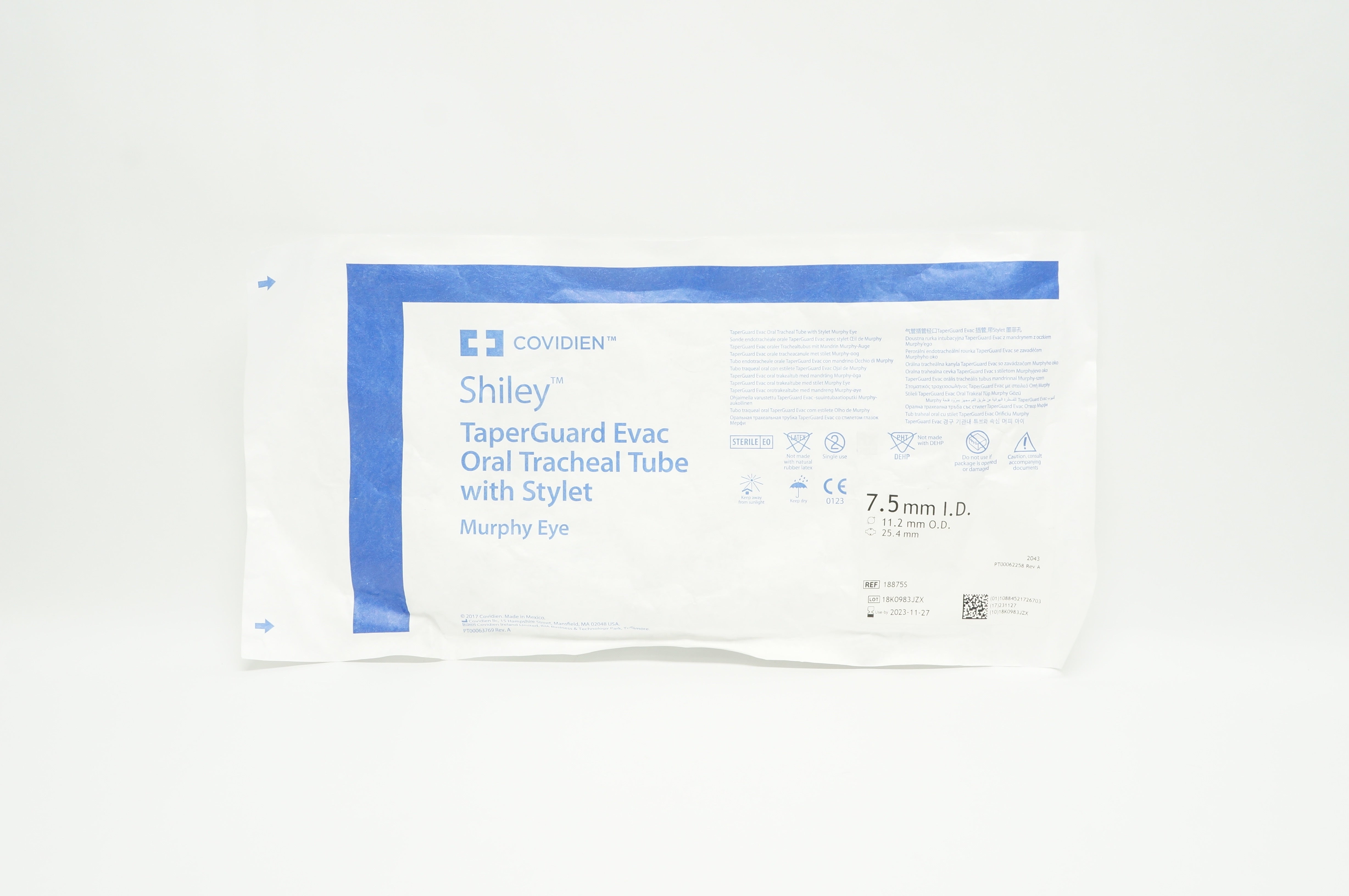 Covidien 18875S Shiley TaperGuard Evac Oral Tracheal Tube with Stylet 7.5mm I.D.