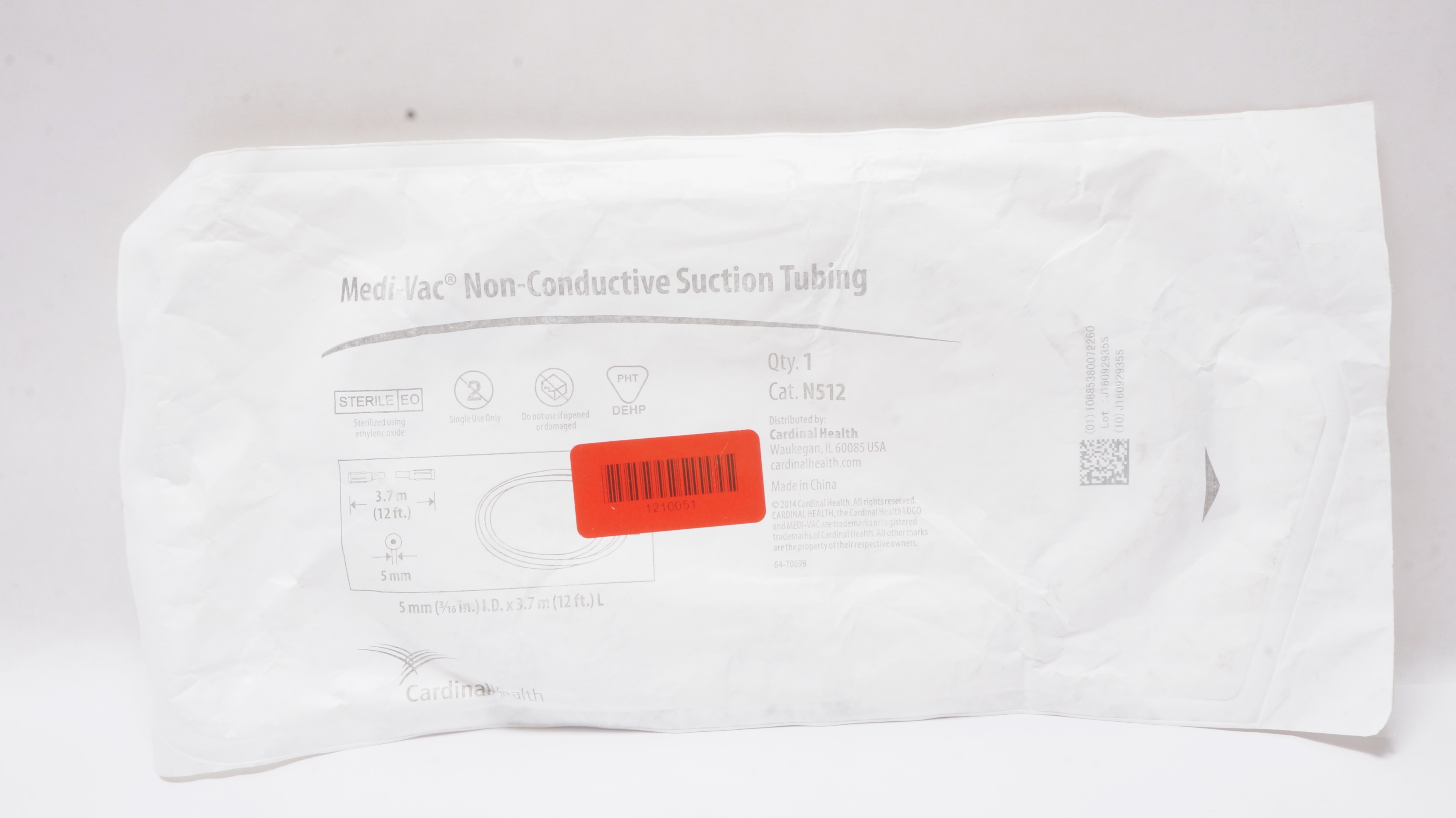 Cardinal Health N512 Medical-Vac Non-Conductive Suction Tubing 5mm I.D. x 3.7mL