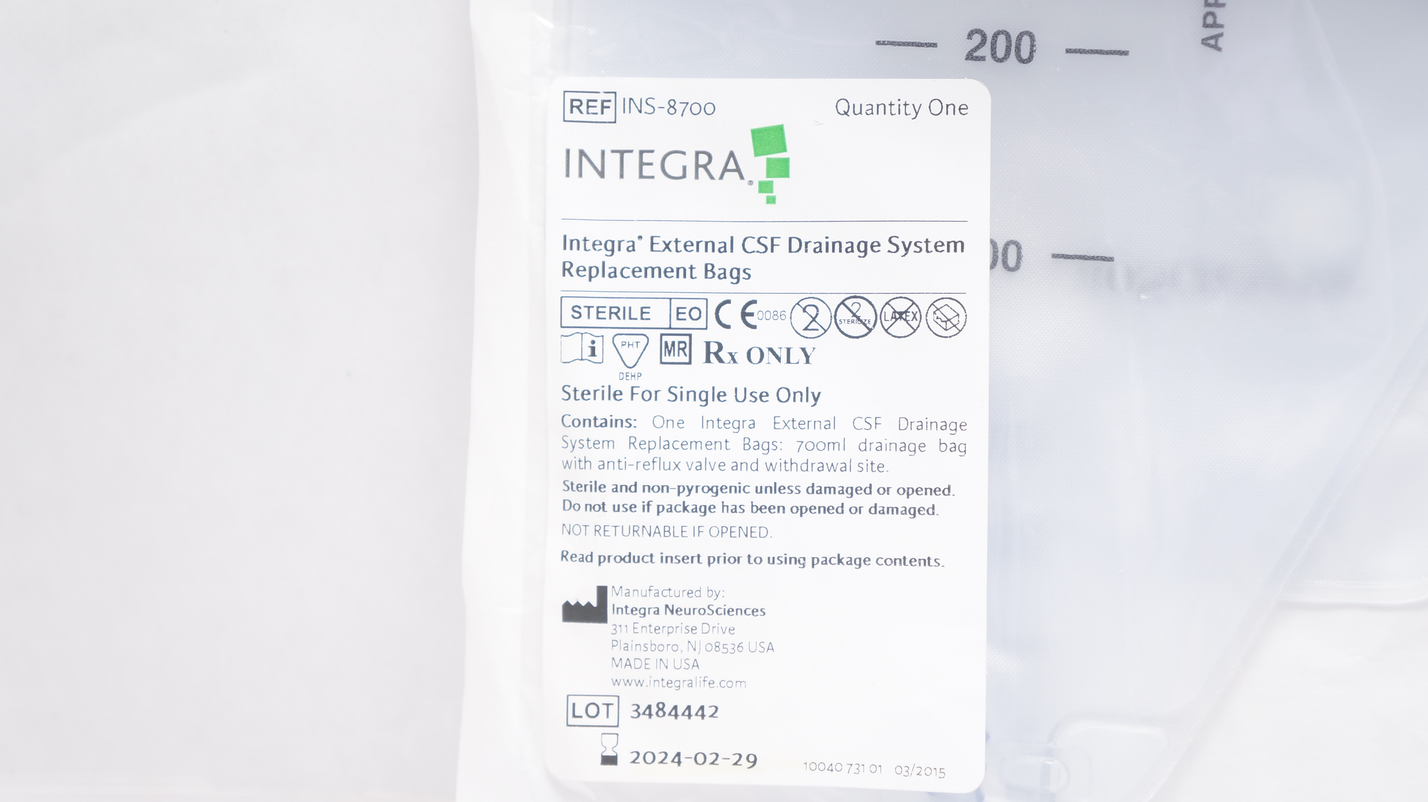 Integra INS-8700 External CSF Drainage System Replacement Bags 700ml (x)