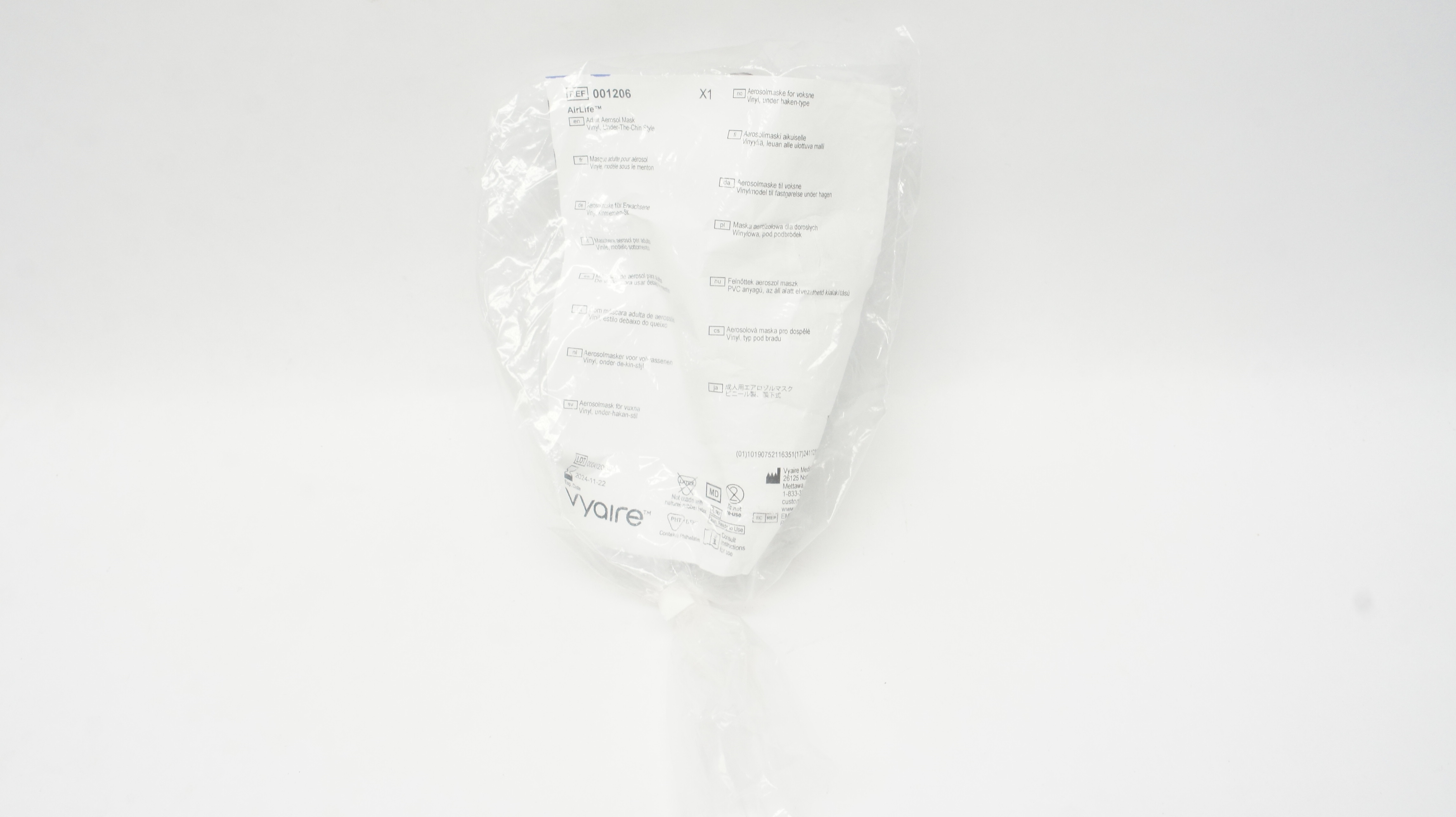 Vyaire 001206 AirLife Adult Aerosol Mask Vinyl Under-The-Chin Style (x)