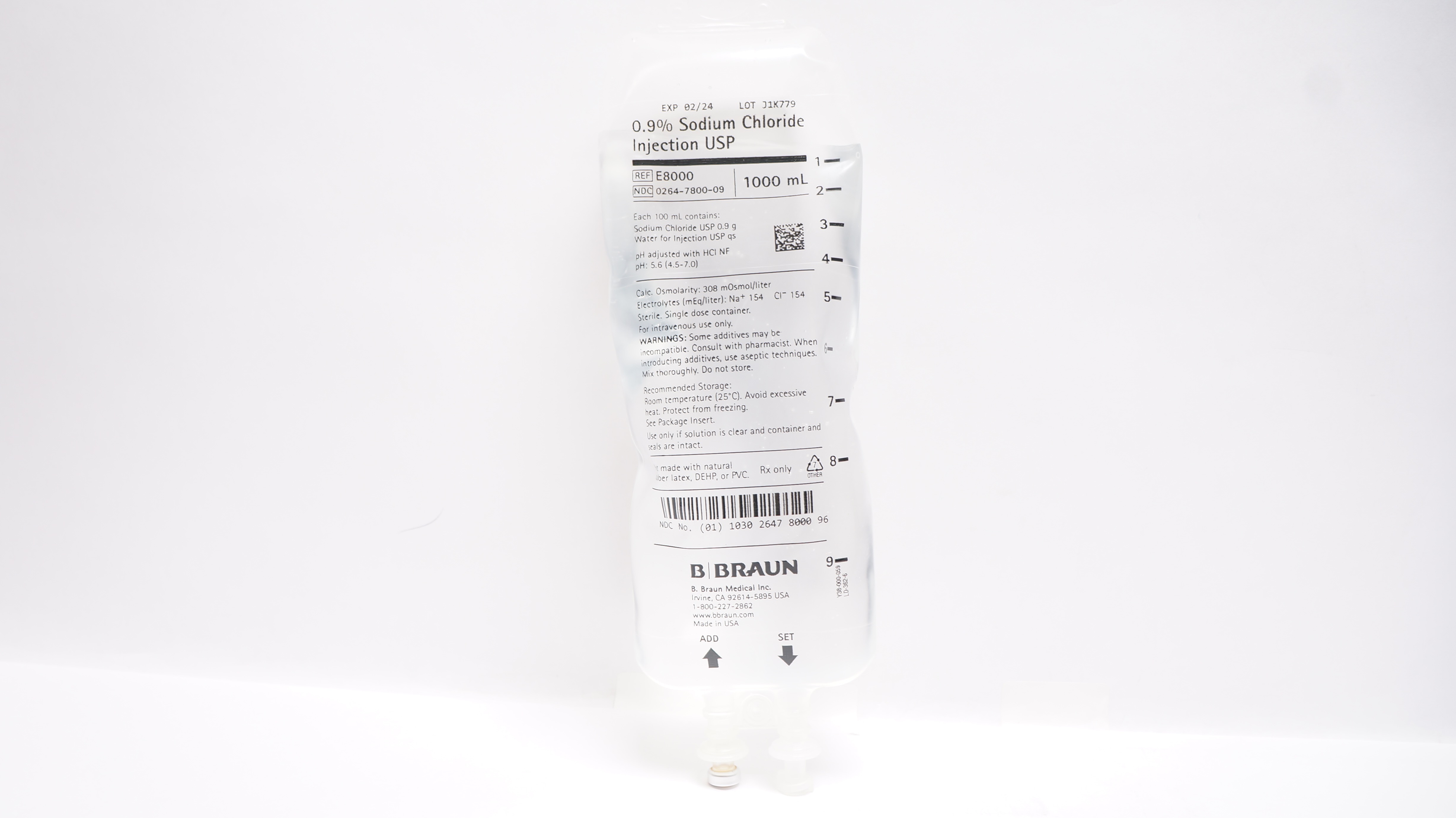 B.Braun E8000 0.9% Sodium Chloride Injection USP 1000 ml
