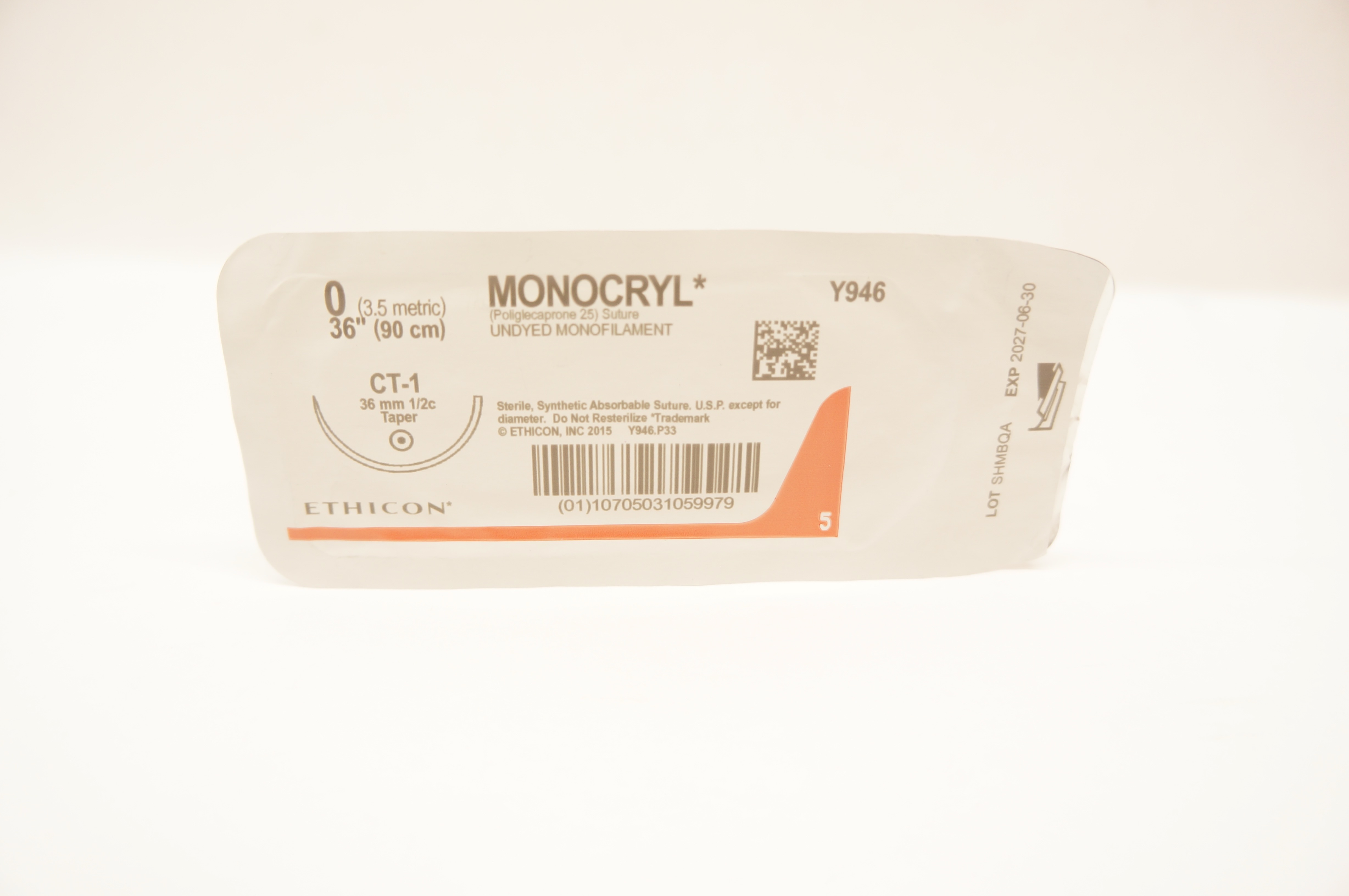 Ethicon Y946 0 MONOCRYL  Undyed Monofilament CT-1 36mm 1/2c Taper 36inch
