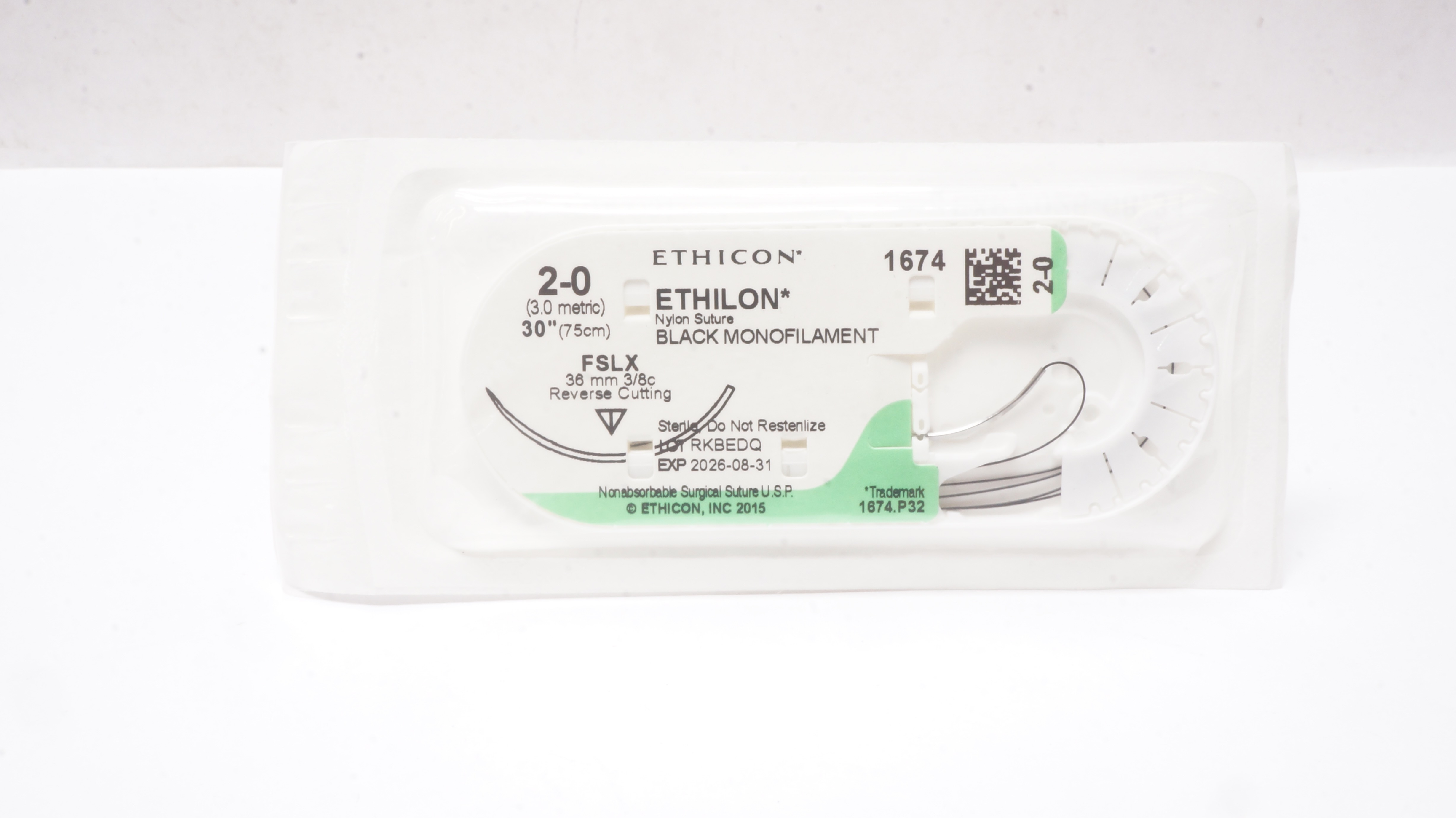 Ethicon 1674 2-0 ETHILON Nylon Stre FSLX 36mm 3/8c Reverse Cutting, 30inch