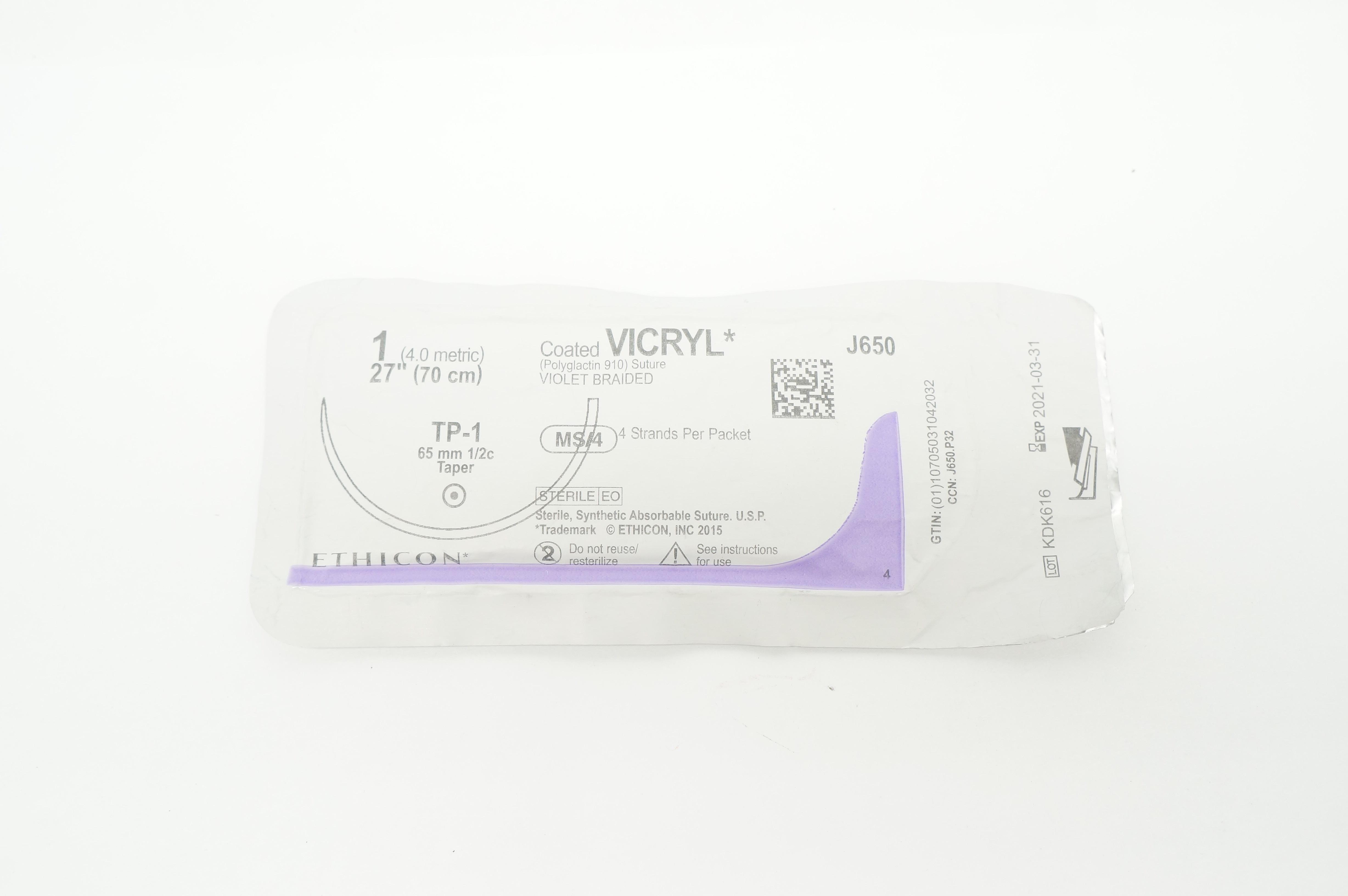 Ethicon J650 1 Coated VICRYL TP-1 65 mm 1/2c Taper MS/4 27 inch (x)