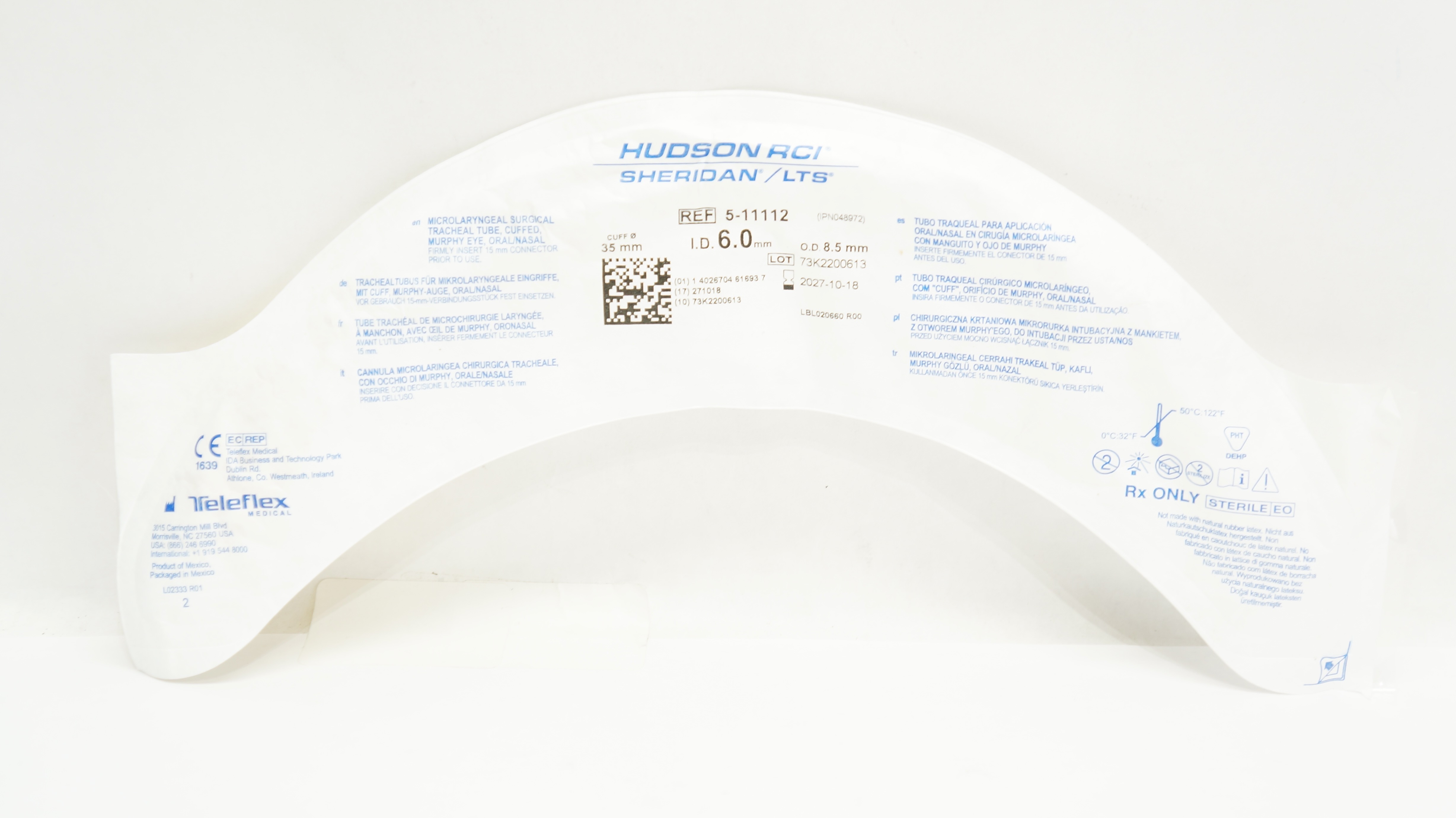 Teleflex 5-11112 Hudson RCI Sheridan Microlaryngeal Tracheal Tube 35x6.0x8.5mm