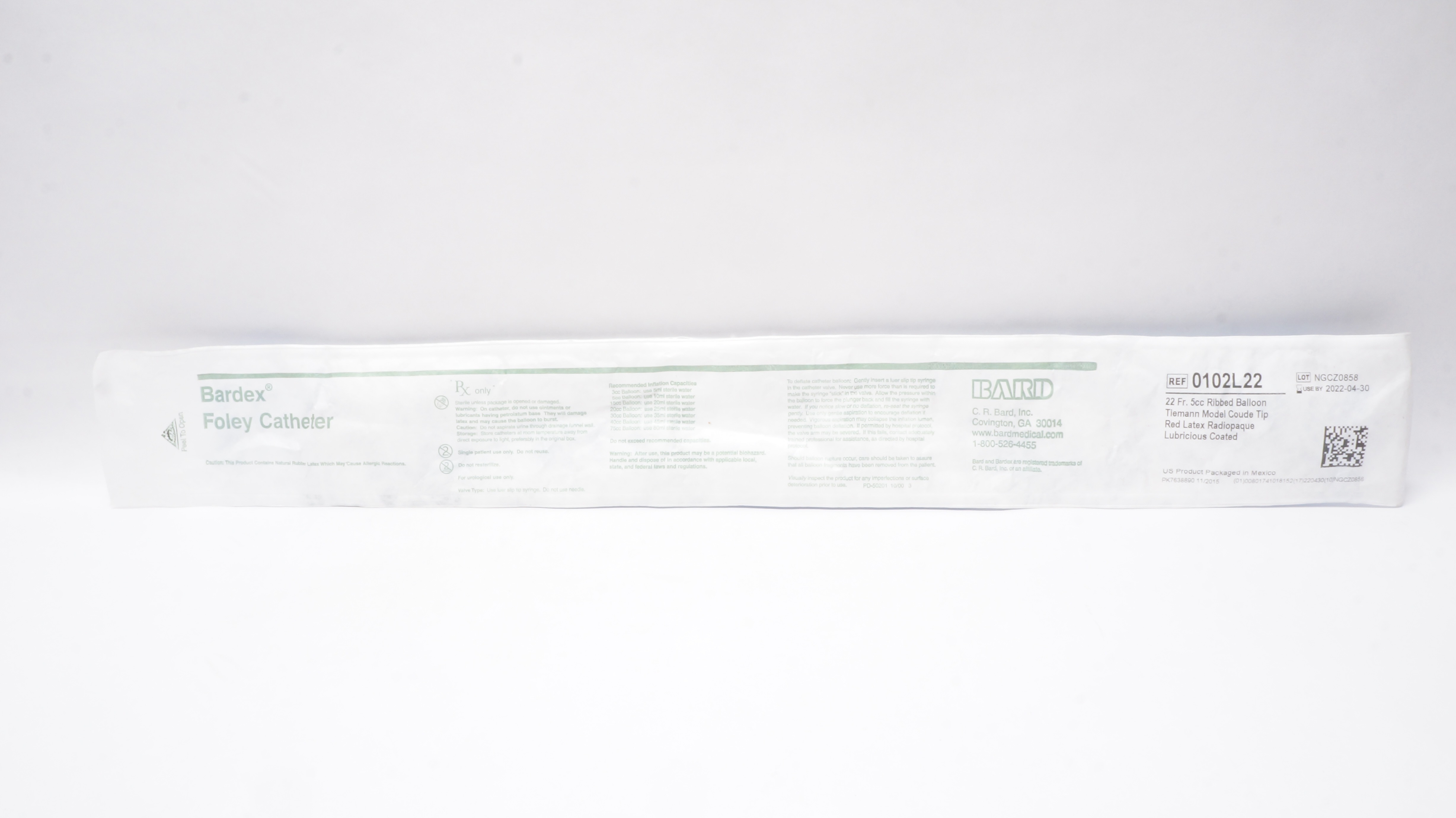 Bard 0102L22 Bardex Foley Cath. 22Fr 5cc Ribbed Balloon Tiemann Model (x)