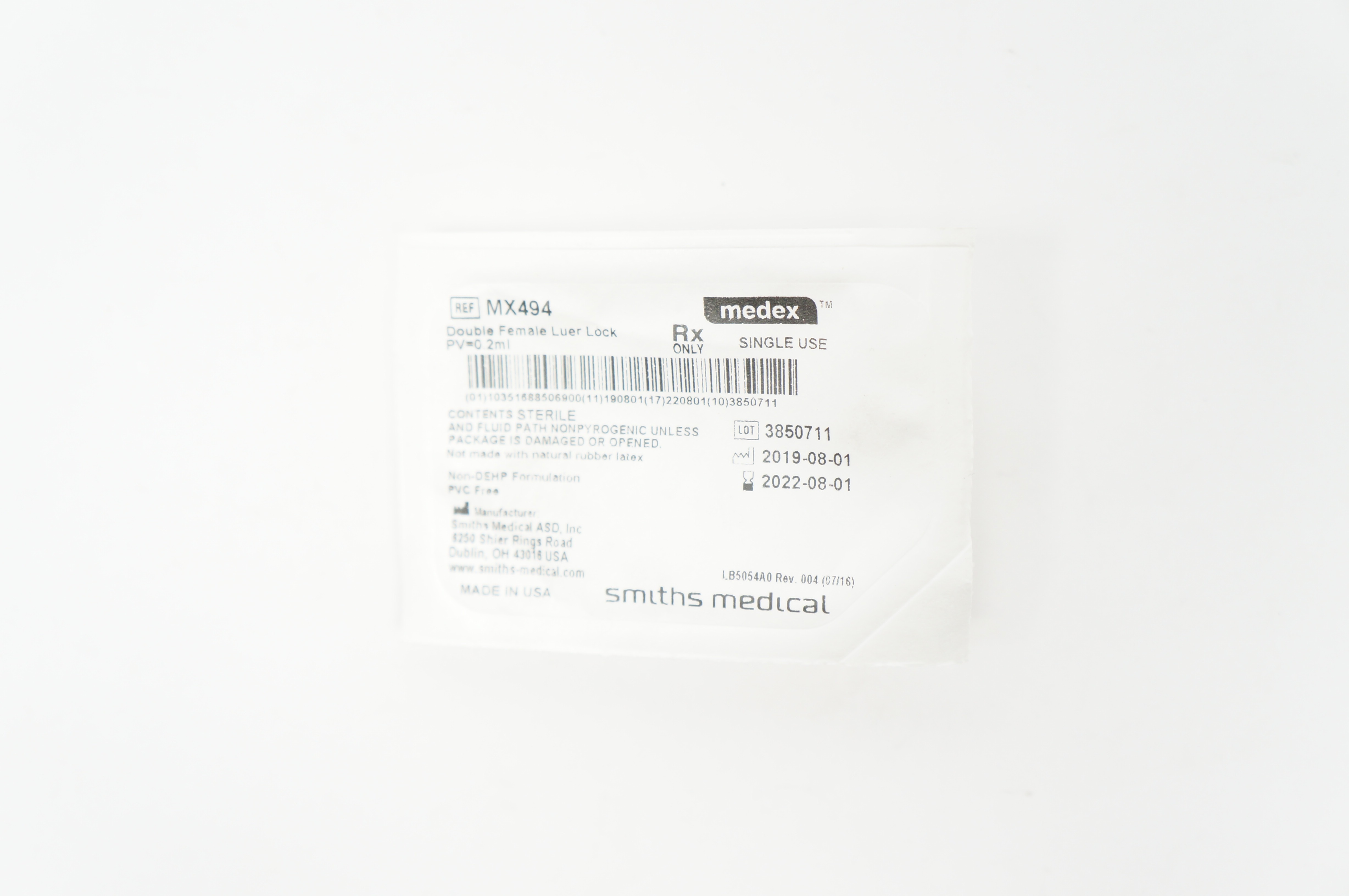 Smiths Medical MX494 Medex Double Female Luer Lock 0.2ml