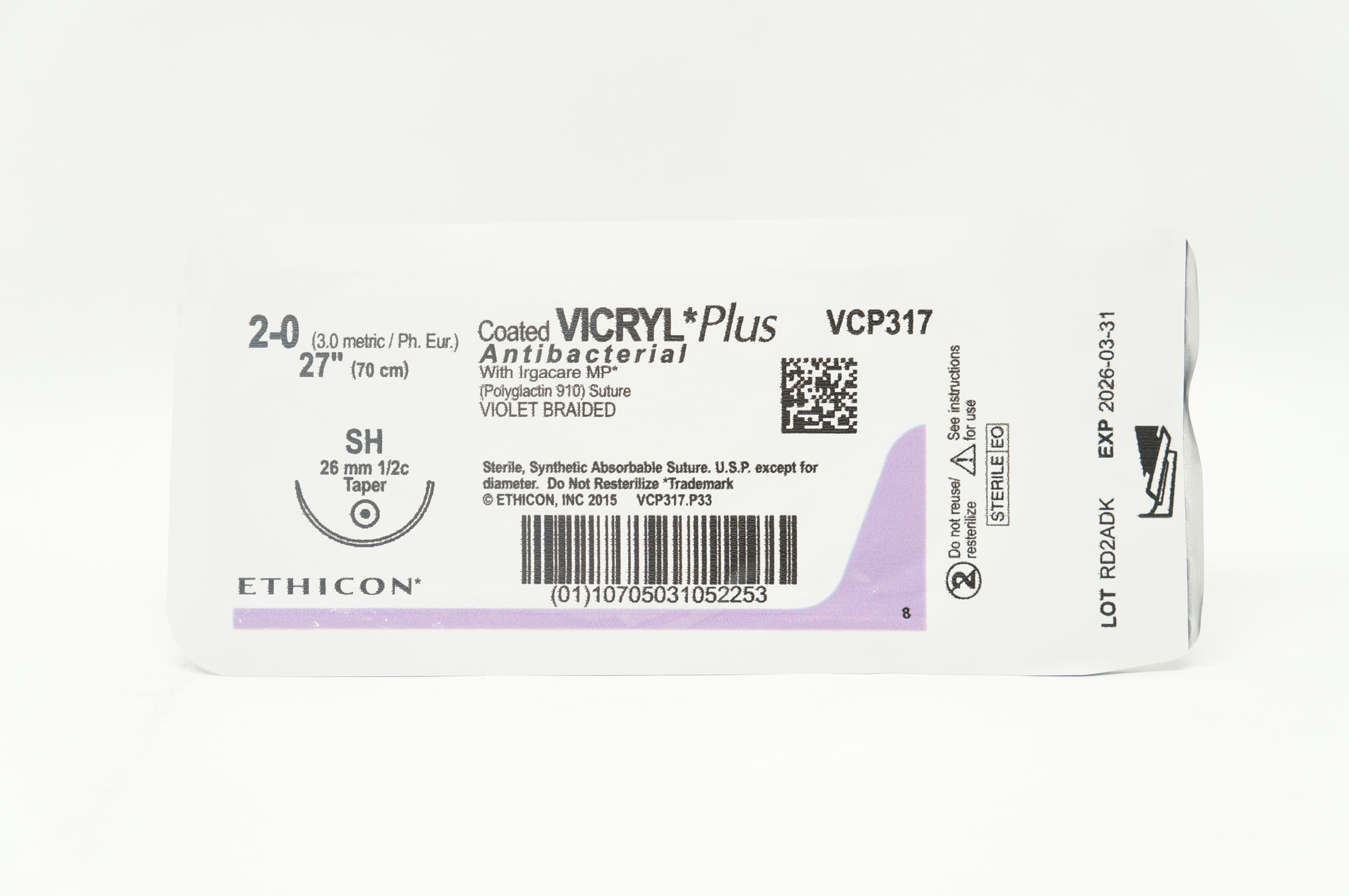 Ethicon VCP317 2-0 Coated VICRYL Plus SH 26mm 1/2c Taper 27 inch
