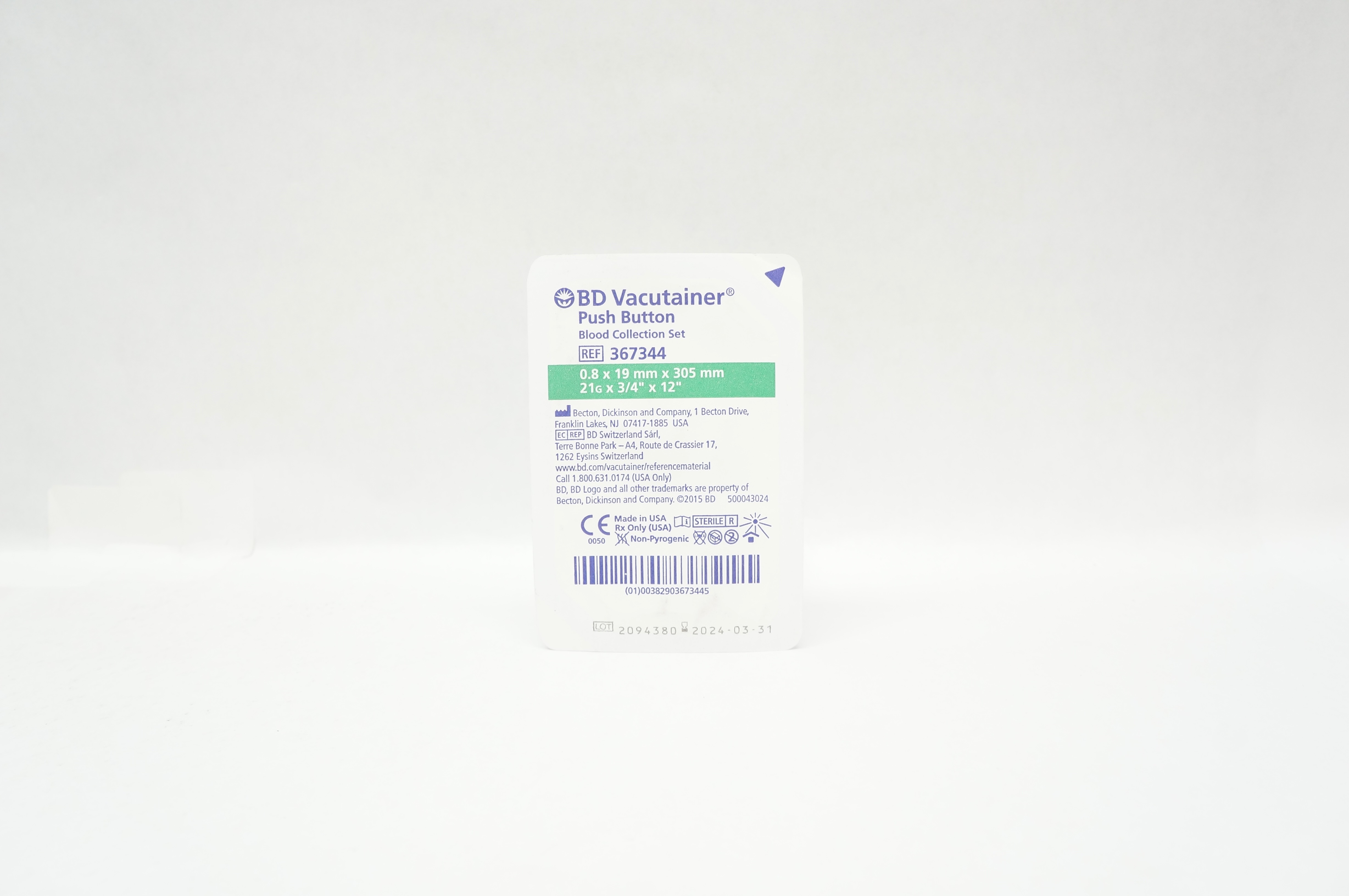 BD 367344 Vacutainer Push Button Blood Collection Set 21G x 3/4inch x 12inch (x)