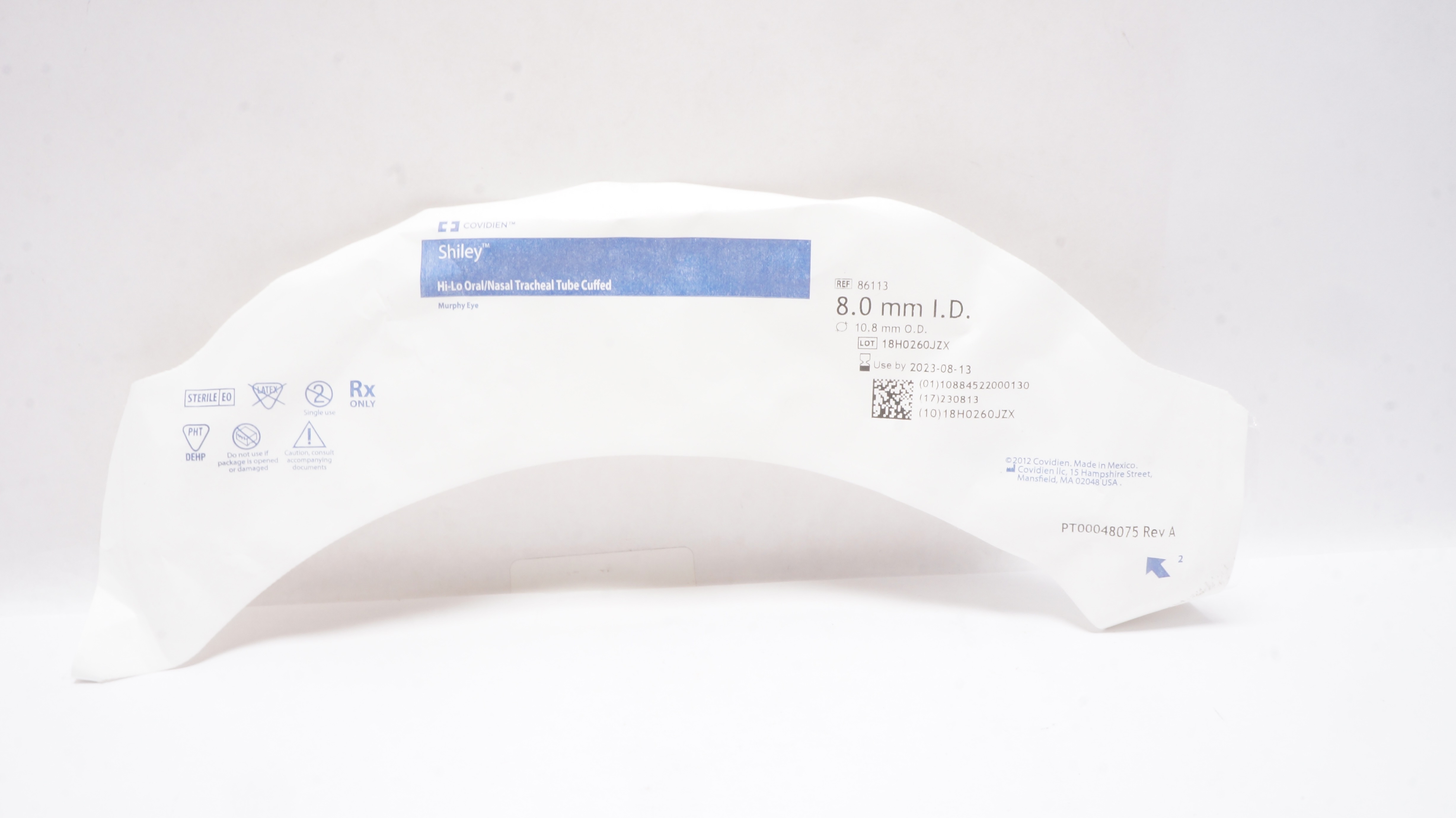 Covidien 86113 Shiley Hi-Lo Oral/Nasal Tracheal Tube Cuffed 8.0ID x 10.8mm OD