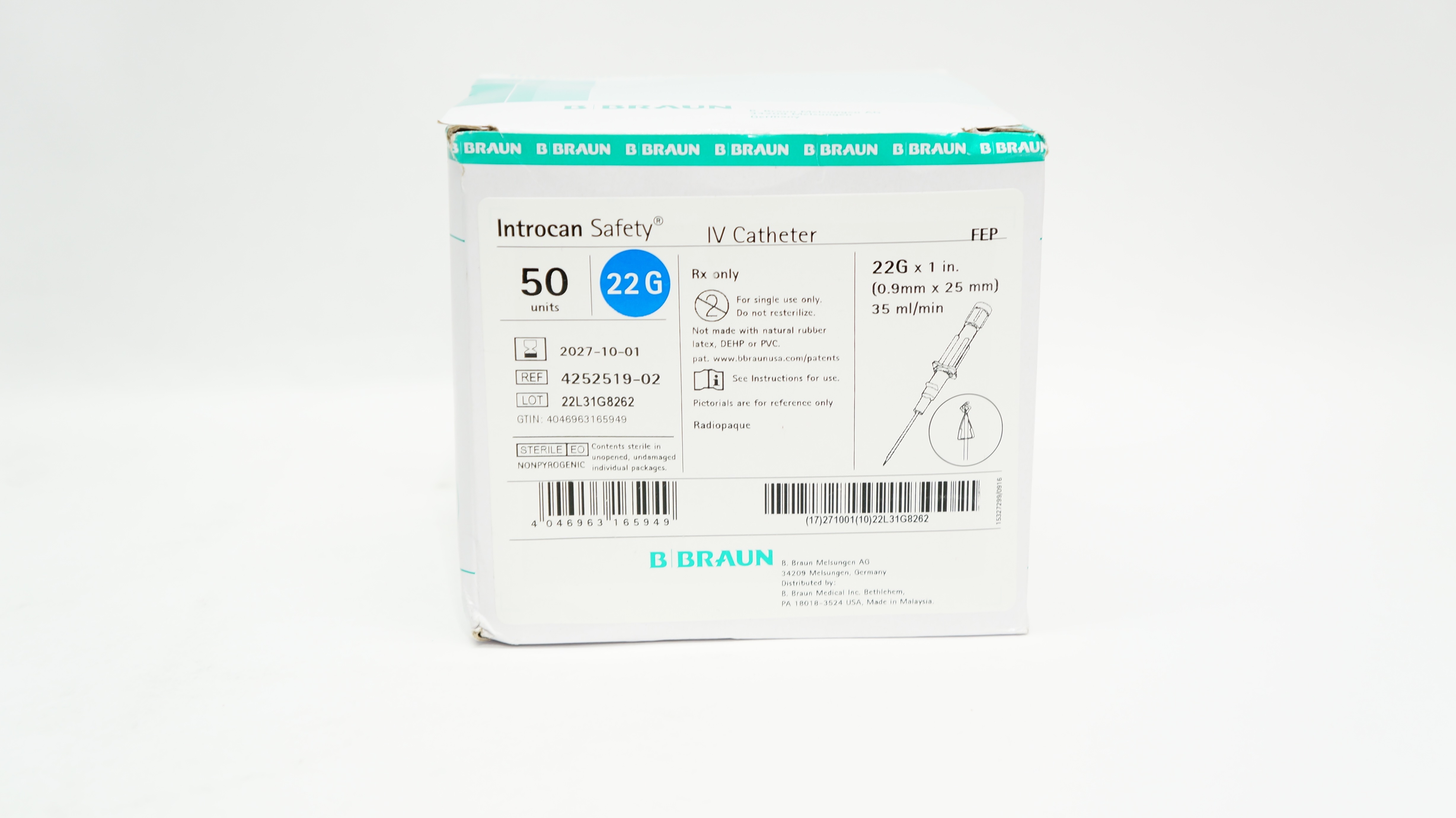 B.Braun 4252519-02 Safety IV Cath. 22G x 1inch x 35ml/min - Box of 50