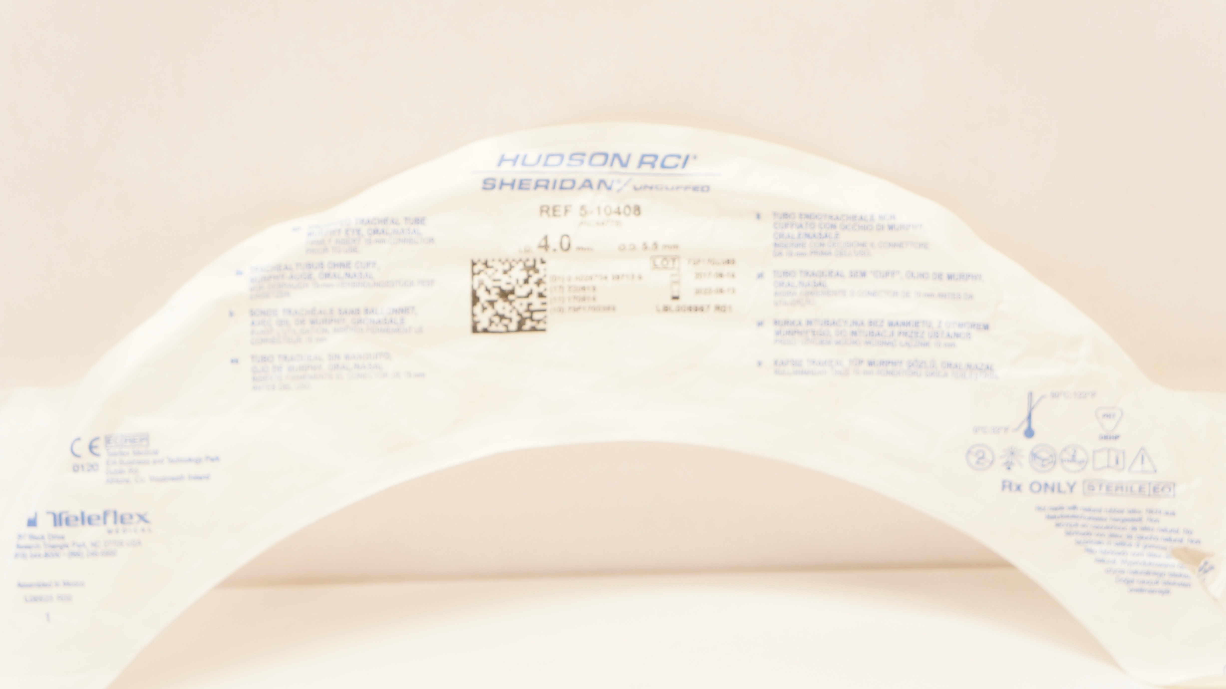 Teleflex 5-10408 Hudson RCI Sheridan Uncuffed Tracheal Tube 4.0 ID x 5.5mm OD(x)