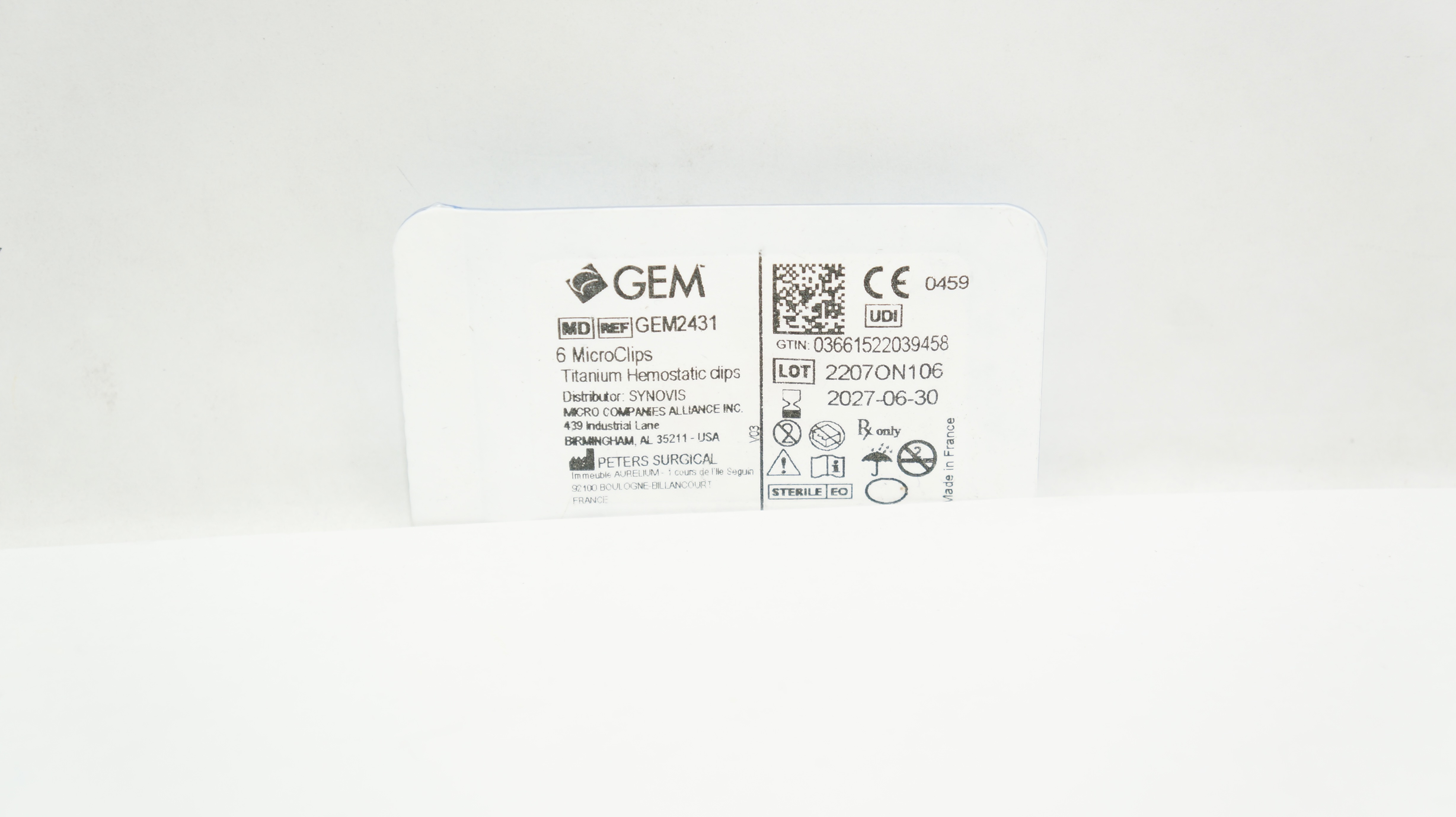 SYNOVIS GEM2431 6 MicroClips Titanium Hemostatic Clips