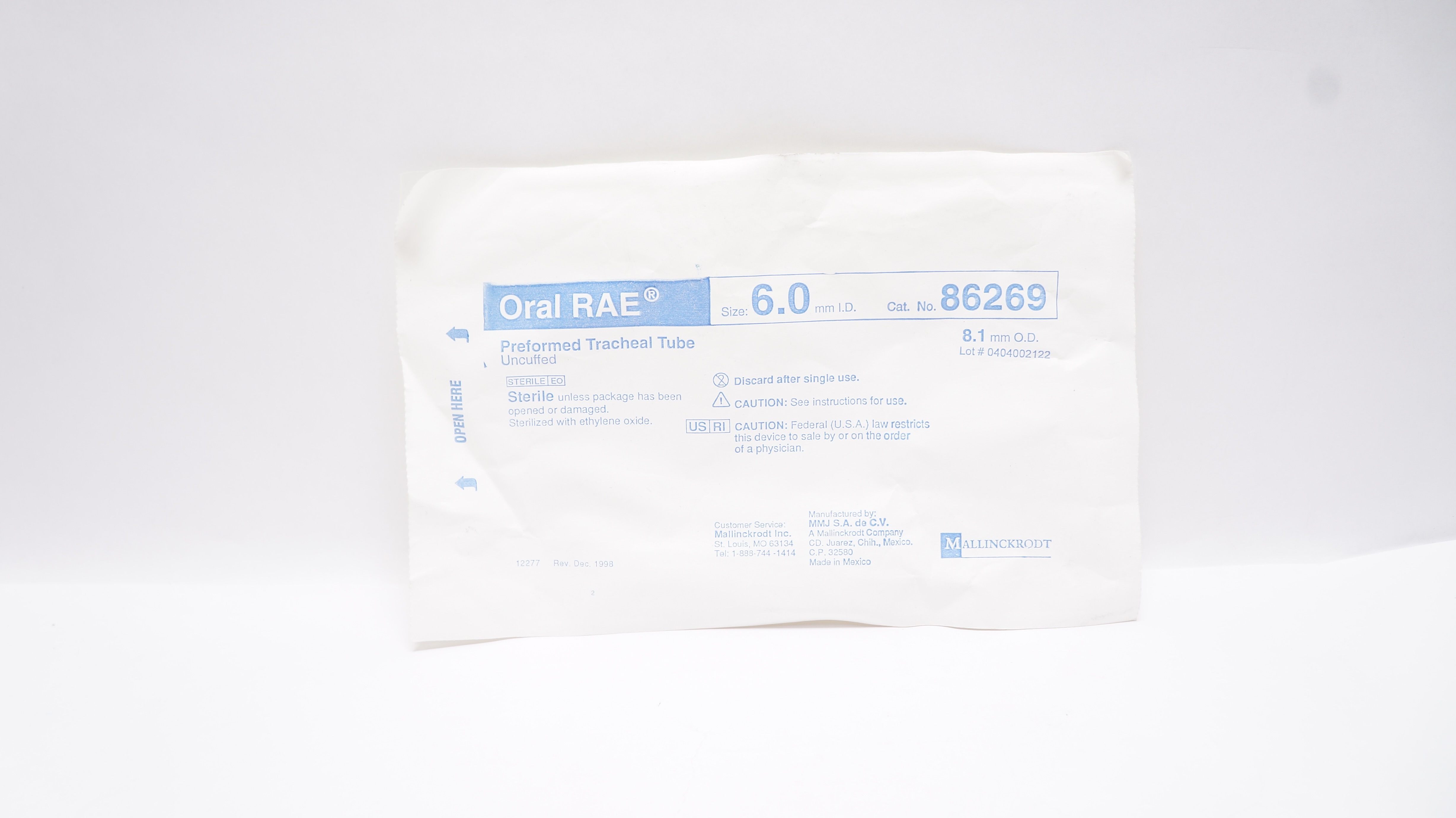 Mallinckrodt 86269 Oral RAE Preformed Tracheal Tube Uncuffed 6.0 x 8.1mm