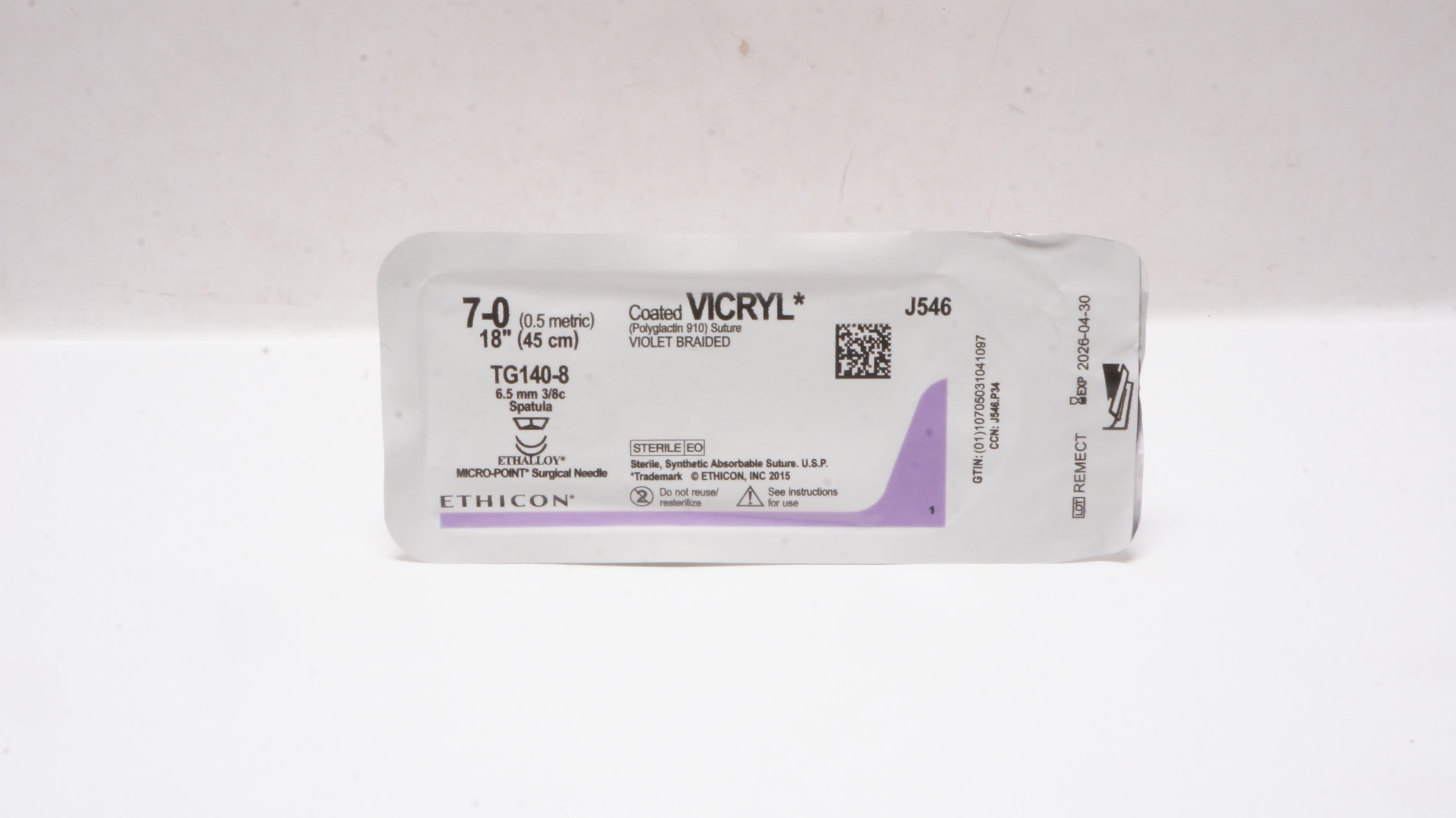 Ethicon J546 7-0 Coated Vicryl Stre TG140-8 6.5mm 3/8c Spatula 18inch