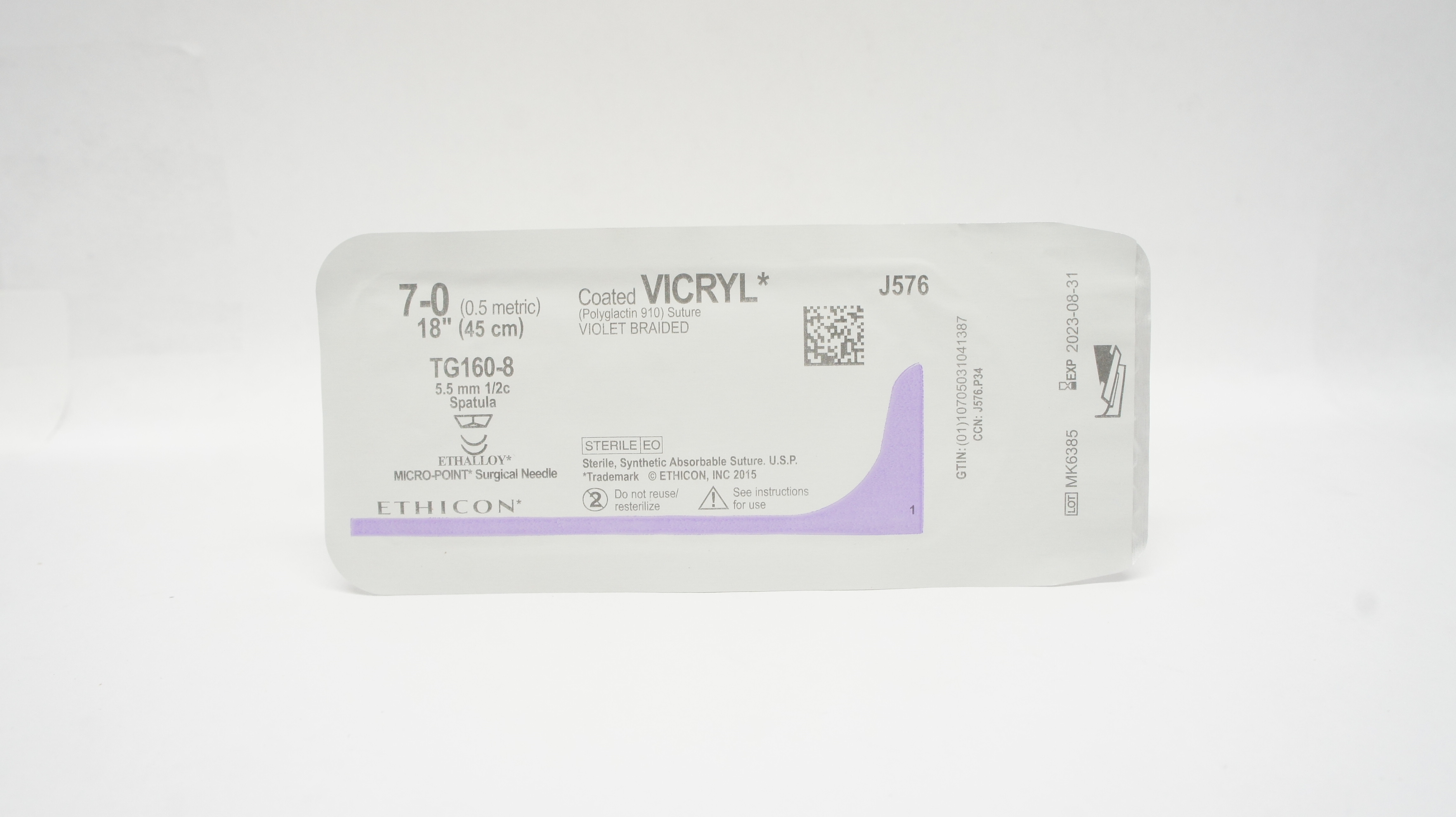 Ethicon J576 7-0 Coated VICRYL Stre TG160-8 5.5mm 1/2c Spatula 18inch