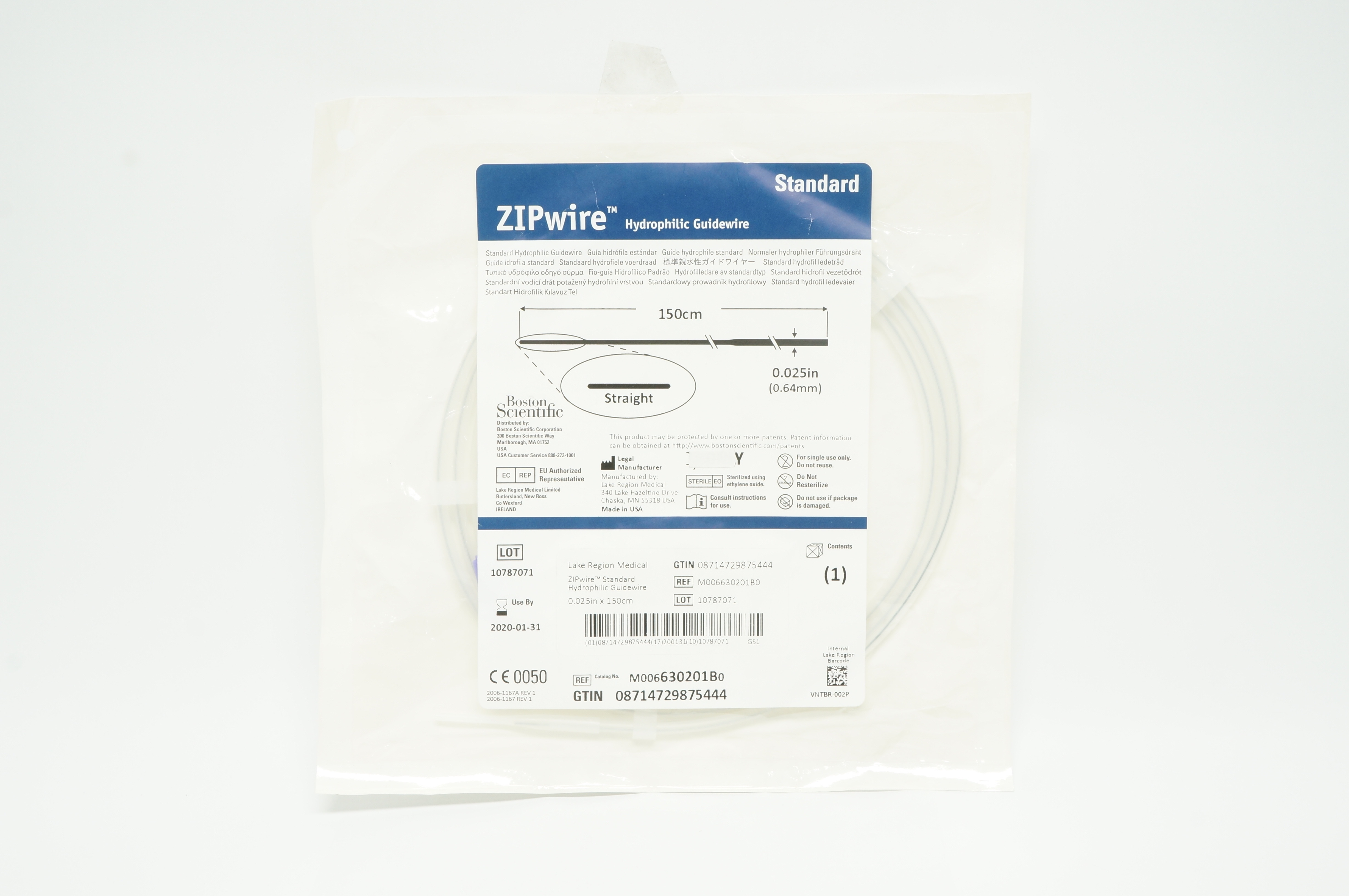 Boston Scientific 630201B ZIPwire Hydrophilic Guidewire 150cm x 0.025in (x)