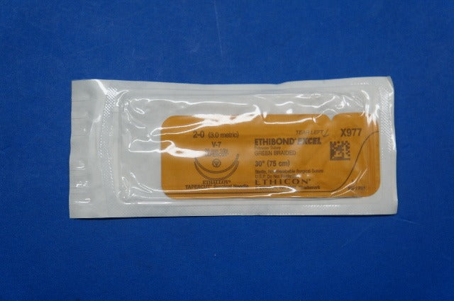 Ethicon X977 2-0 ETHIBOND EXCEL, V-7 26mm 1/2c TAPERCUT, Green Braided, 30