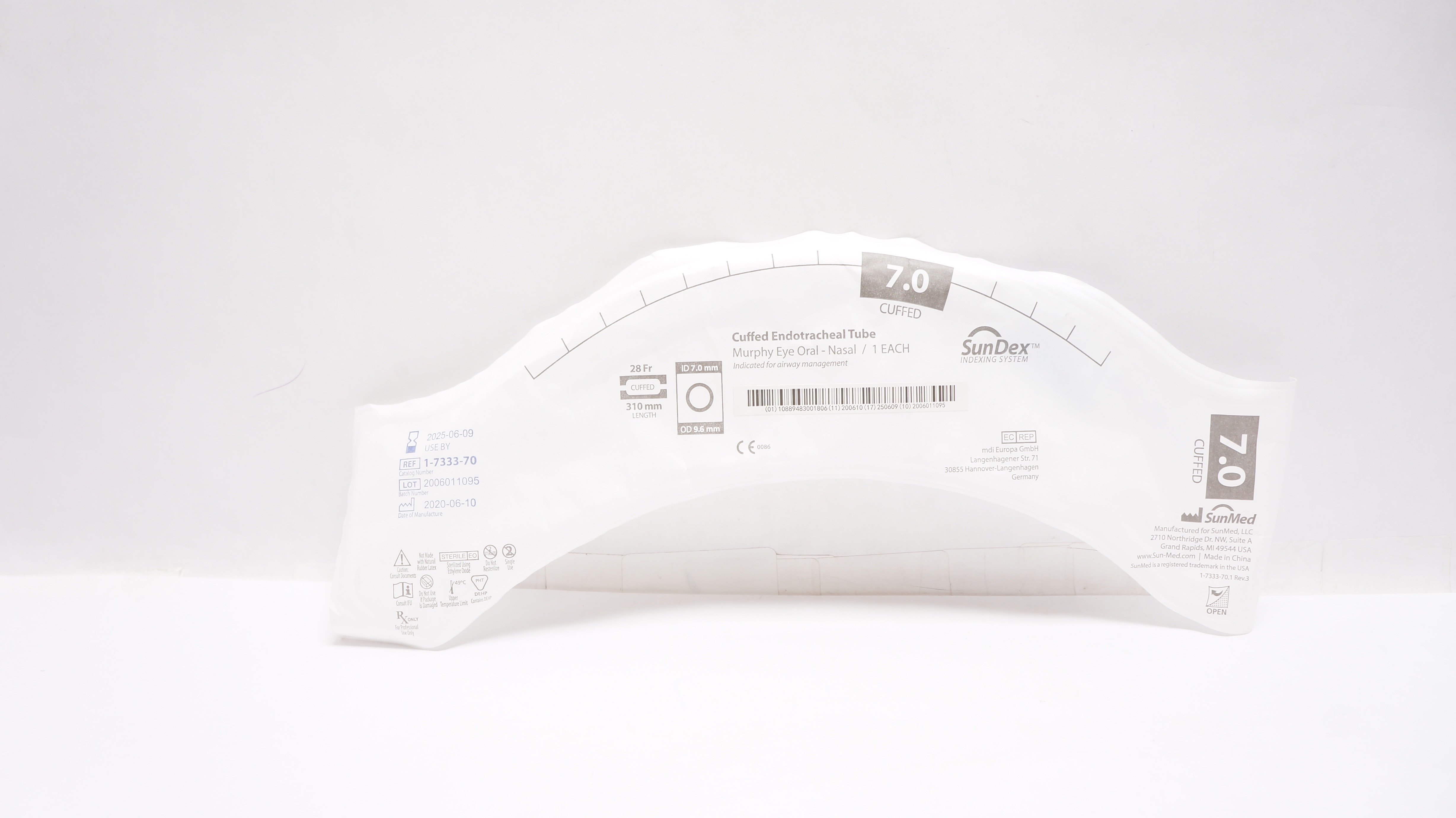 SunMed 1-7333-70 SunDex Nasal Preformed Cuffed Endotracheal Tube 28Fr x 310mm